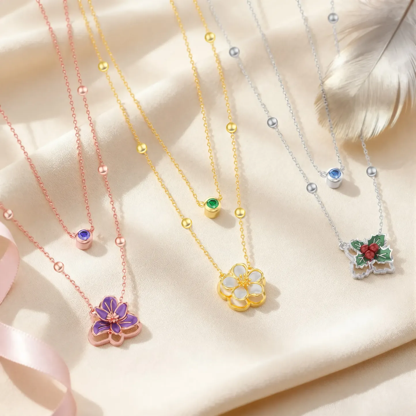 Whirling Blooms Collection Custom Spinning Birth Flower Double Layer Necklace with Birthstone