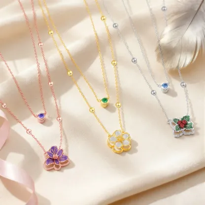 Whirling Blooms Collection Custom Spinning Birth Flower Double Layer Necklace with Birthstone