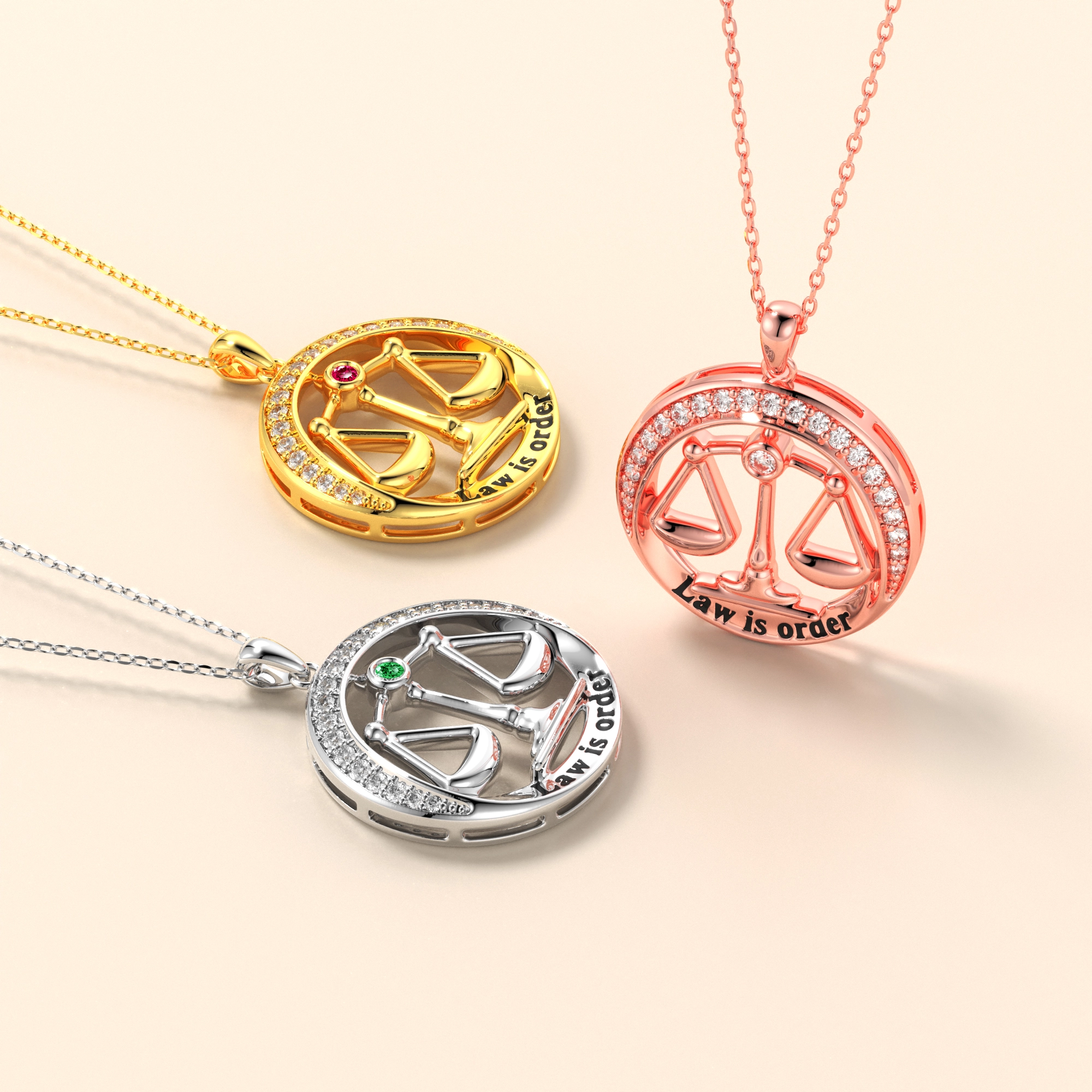 Custom Round Shape Scales of Justice Necklace with Birthstone