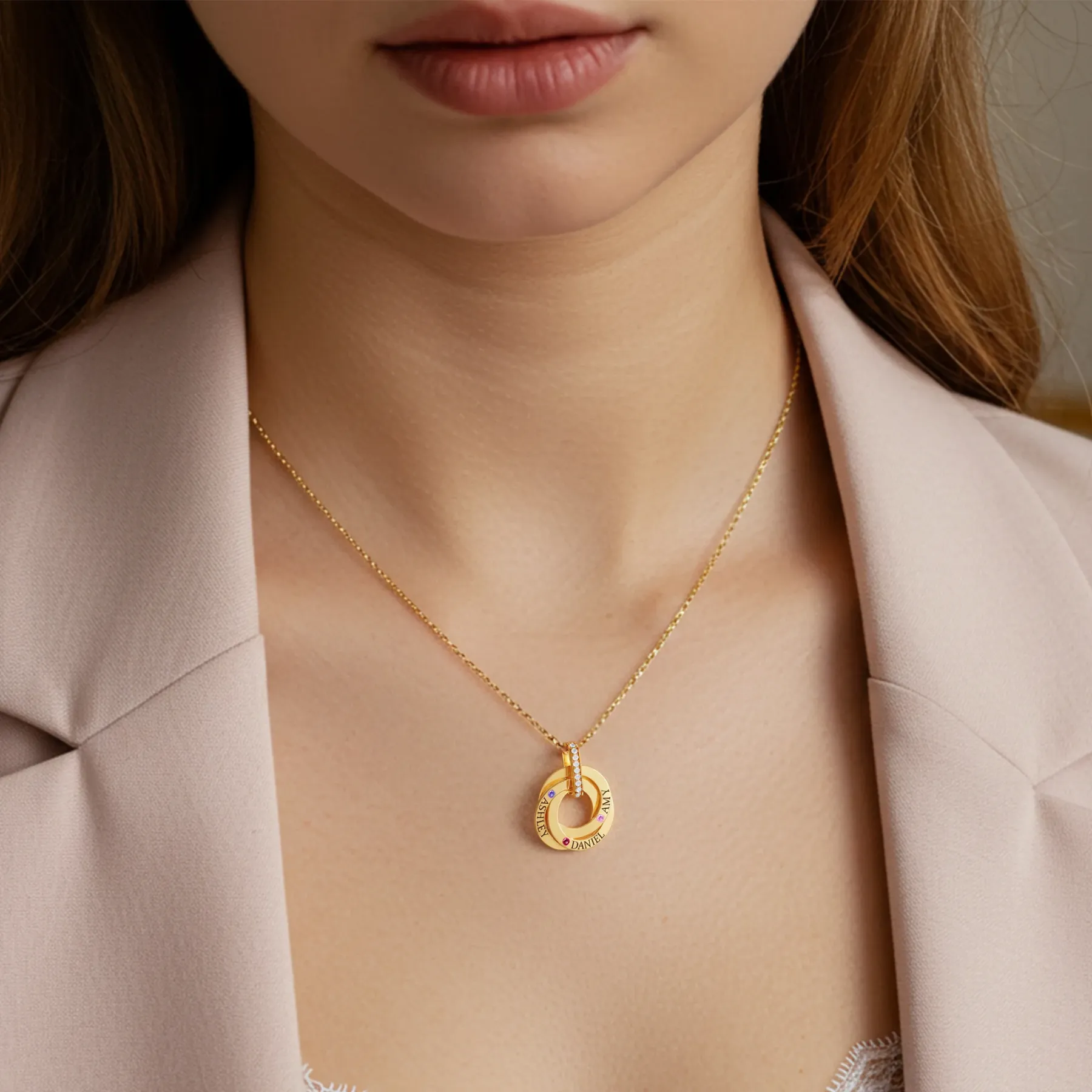 Personalized 1-4 Ring Pendant Necklace with Birthstones & Names