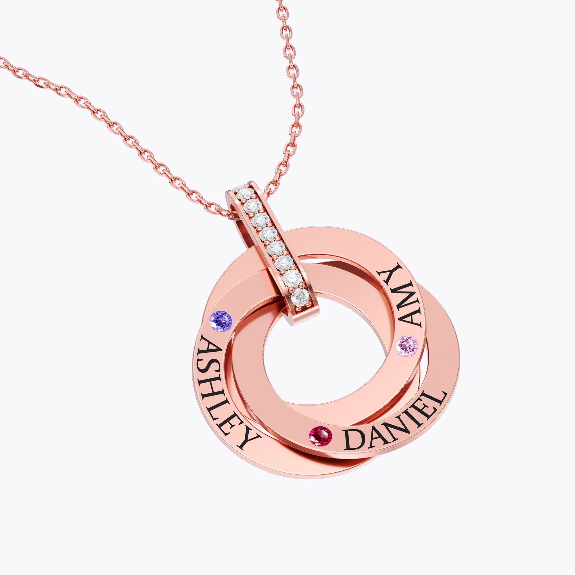 Personalized 1-4 Ring Pendant Necklace with Birthstones & Names