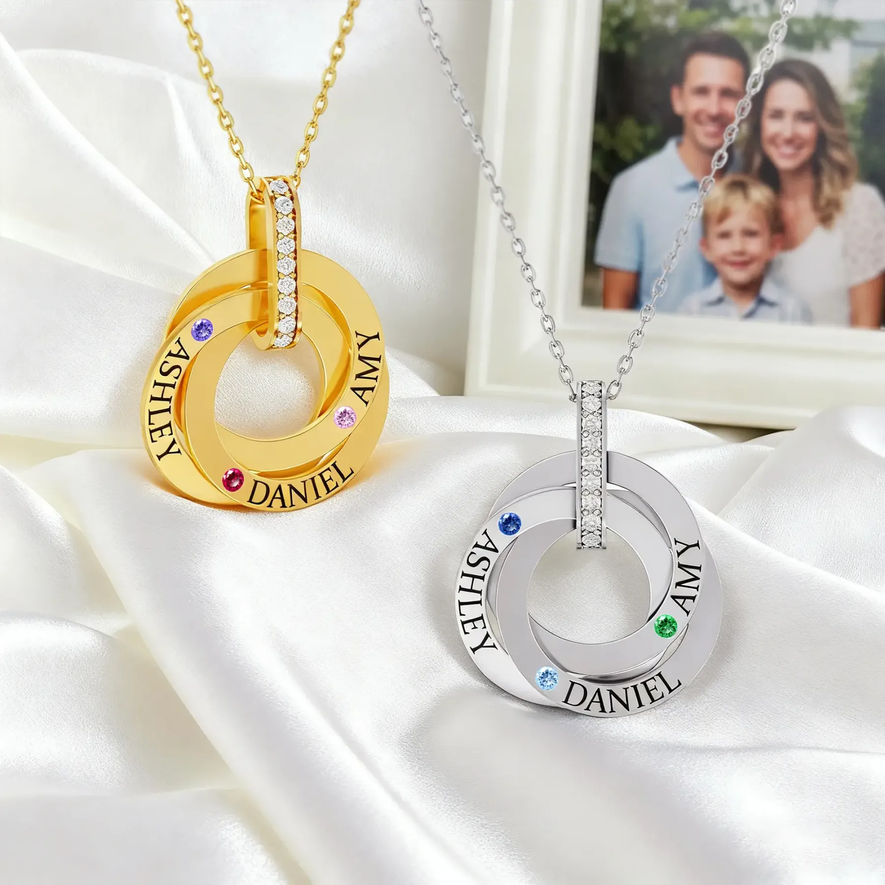 Personalized 1-4 Ring Pendant Necklace with Birthstones & Names