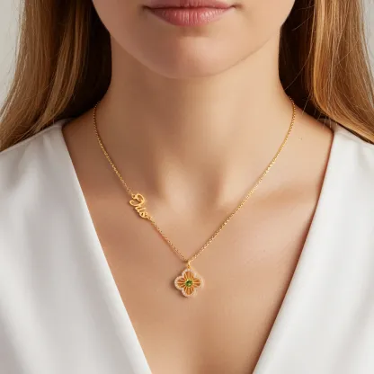 Custom Pavé Clover Necklace with Birthstone Name Necklace