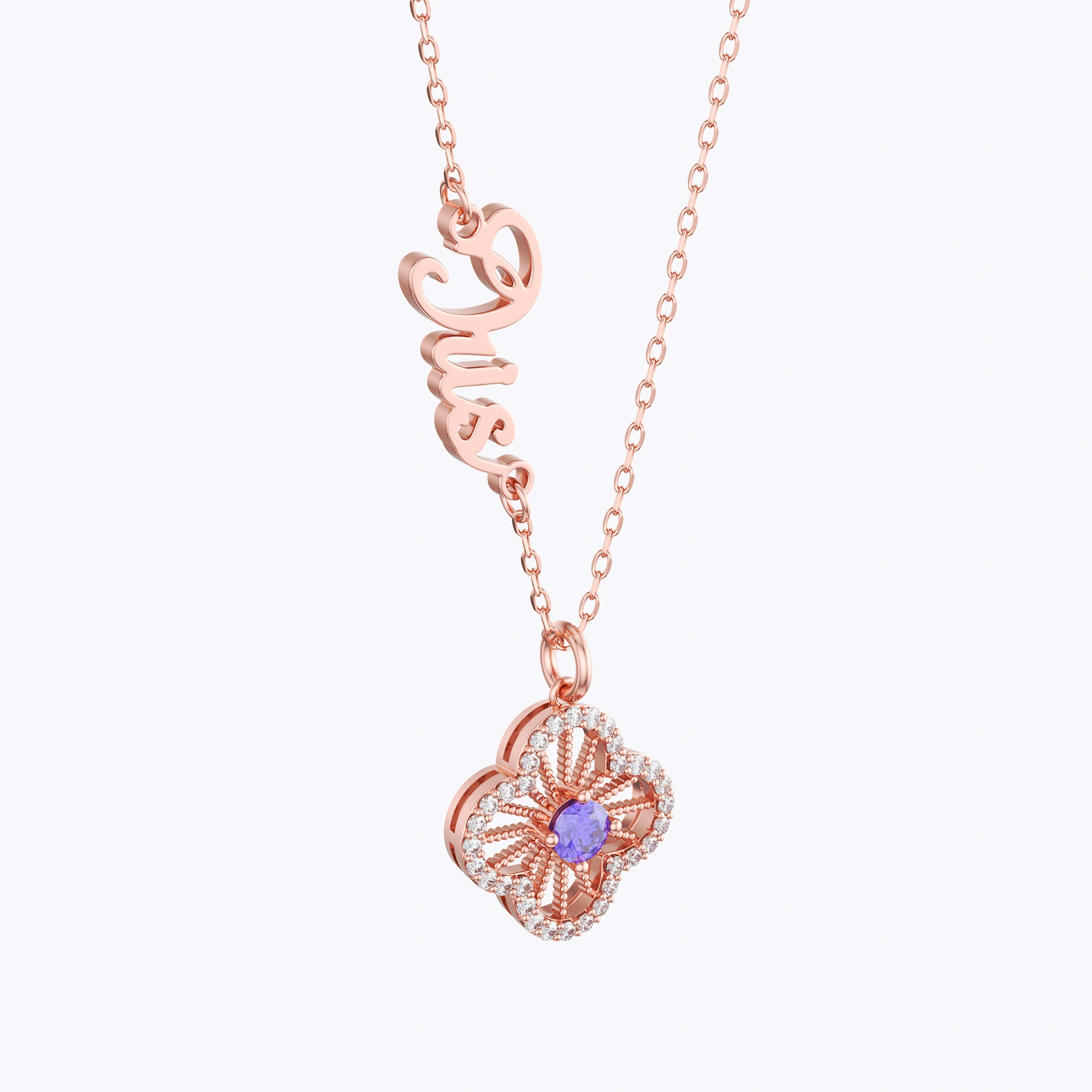 Custom Pavé Clover Necklace with Birthstone Name Necklace