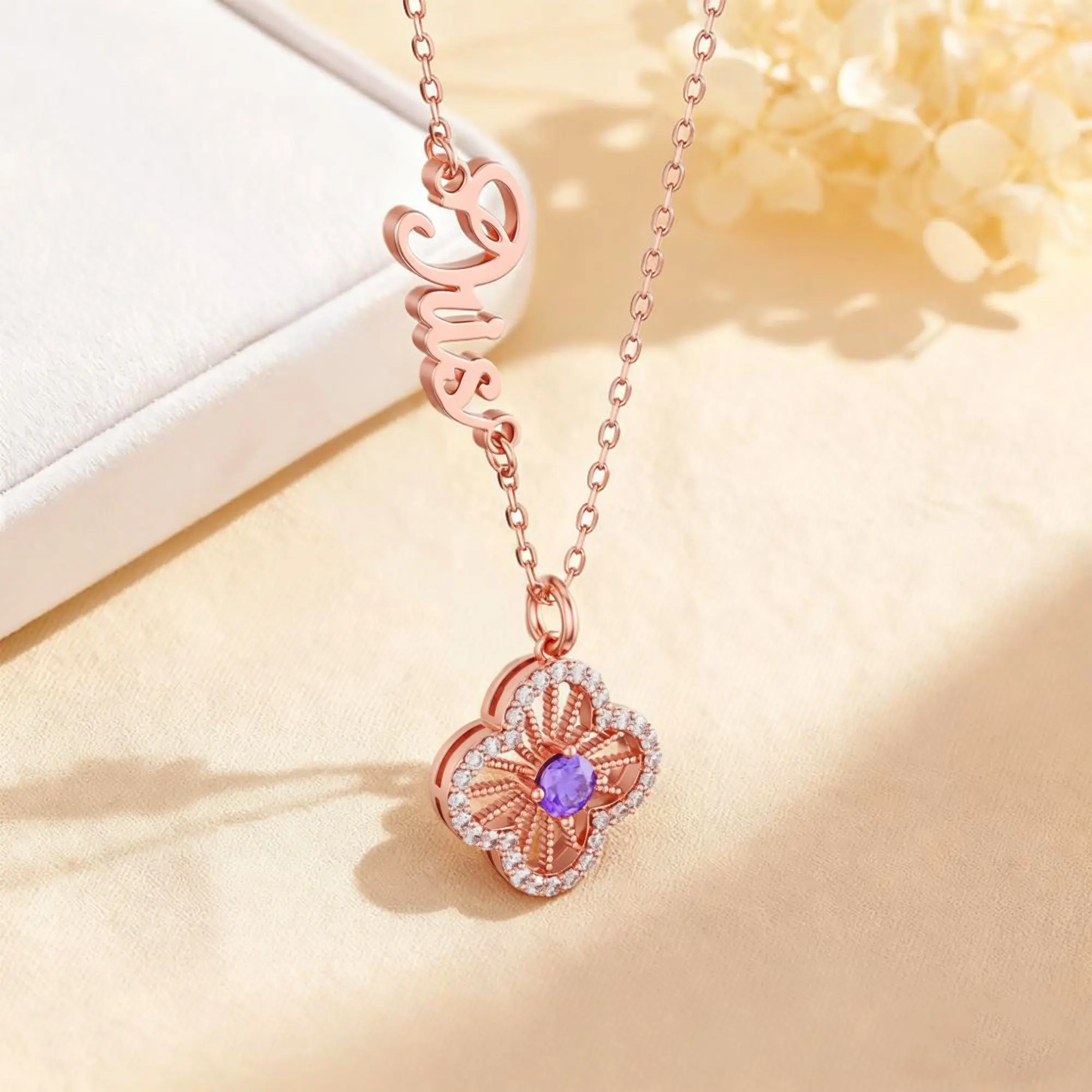 Custom Pavé Clover Necklace with Birthstone Name Necklace