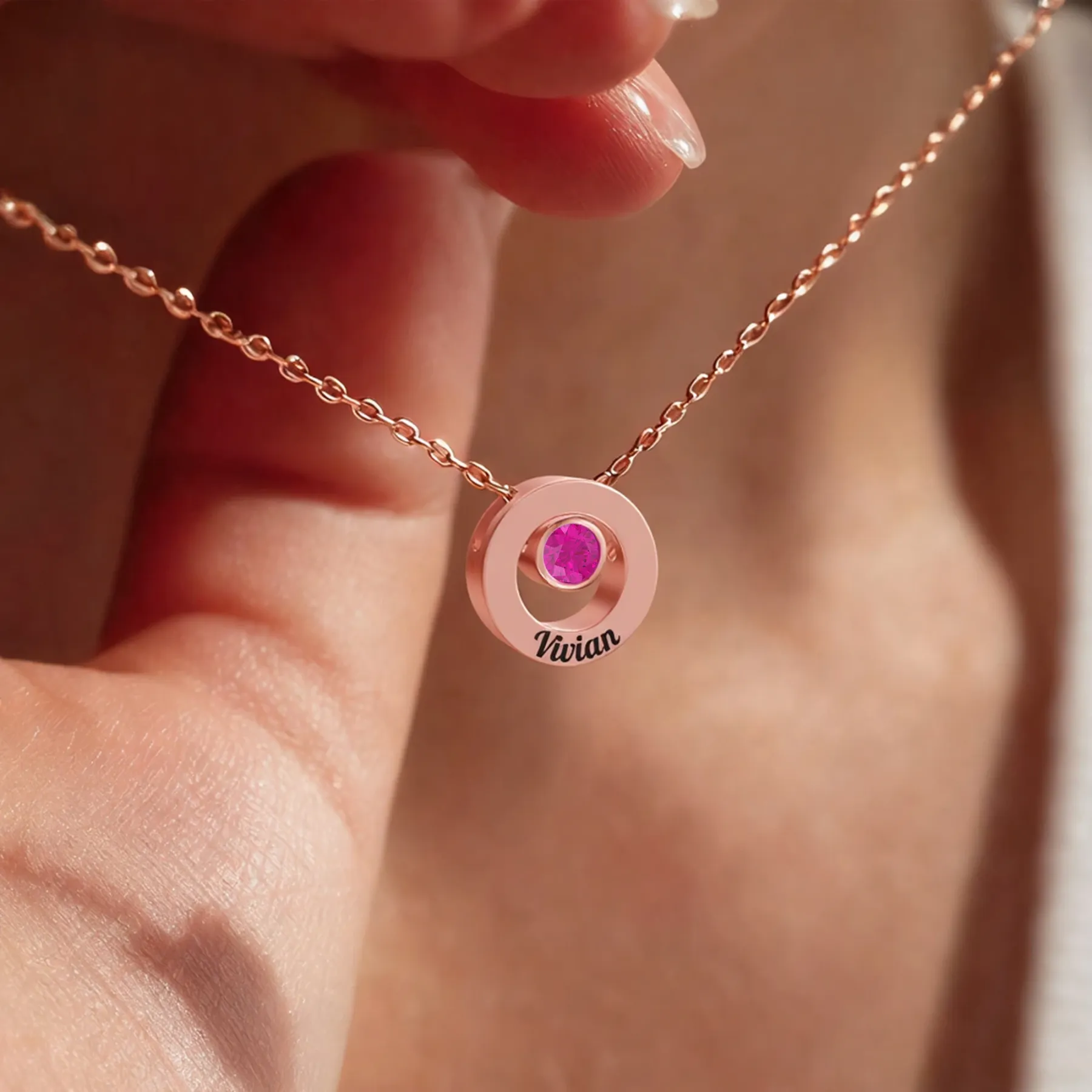 Personalized Circle Pendant Engraved Name Necklace with Round Birthstone
