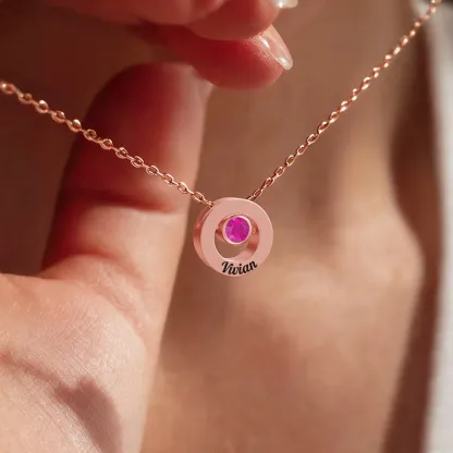 Personalized Circle Pendant Engraved Name Necklace with Round Birthstone
