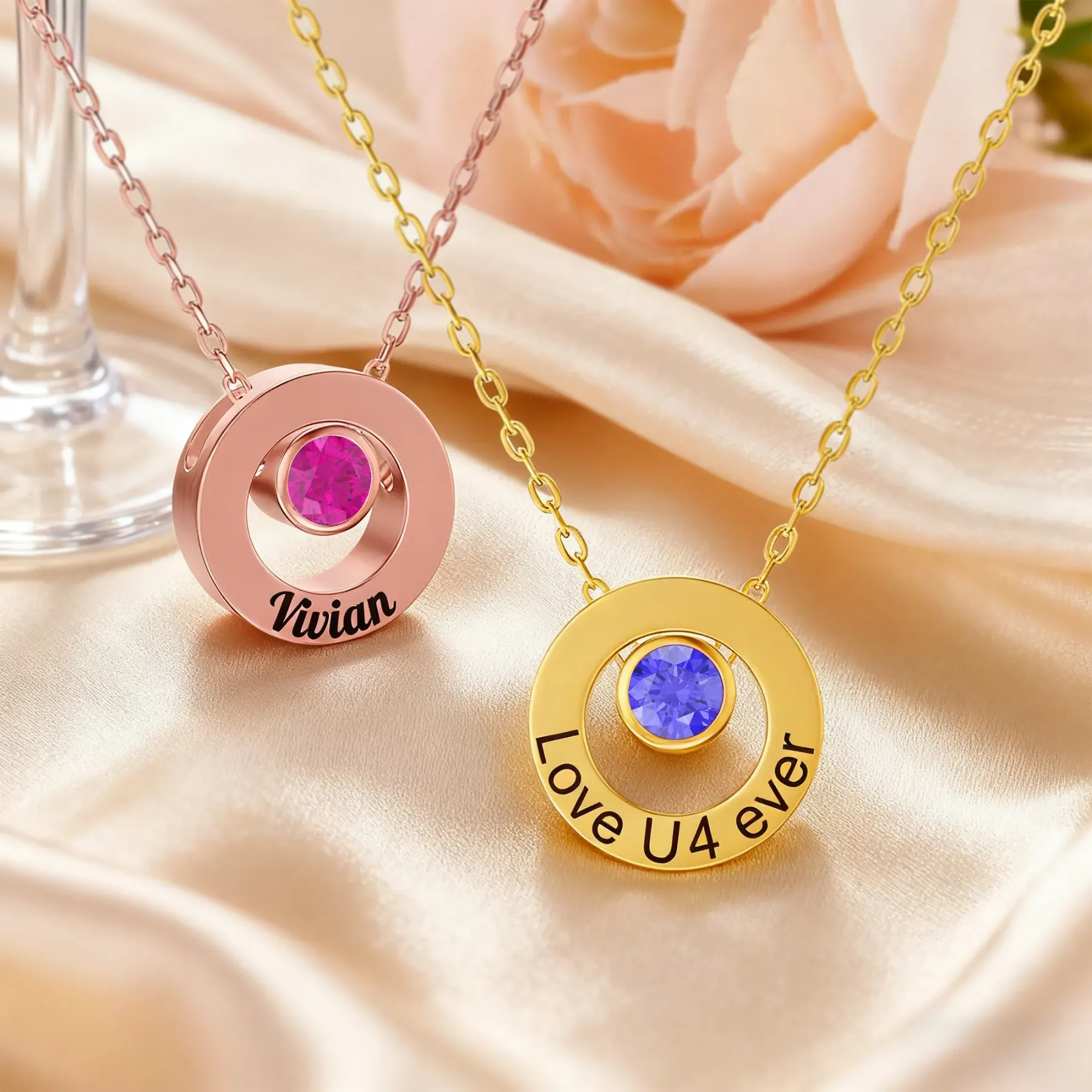 Personalized Circle Pendant Engraved Name Necklace with Round Birthstone