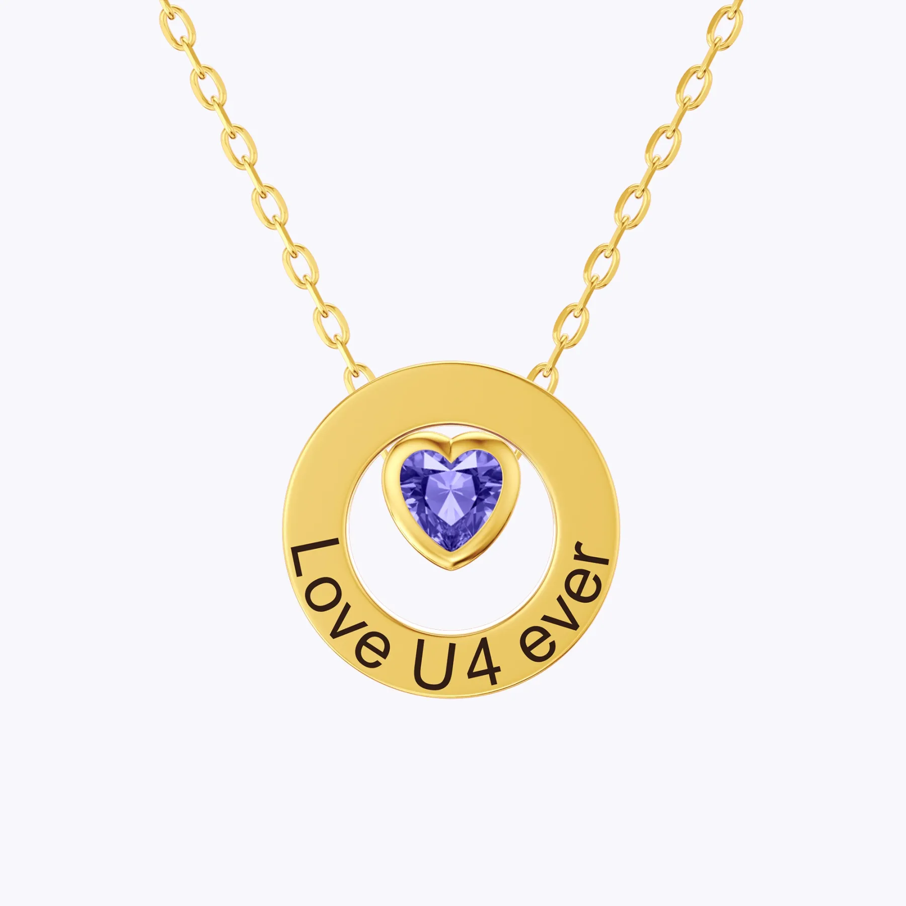 Personalized Circle Pendant Engraved Name Necklace with Heart Birthstone