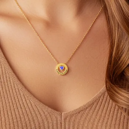 Personalized Circle Pendant Engraved Name Necklace with Heart Birthstone