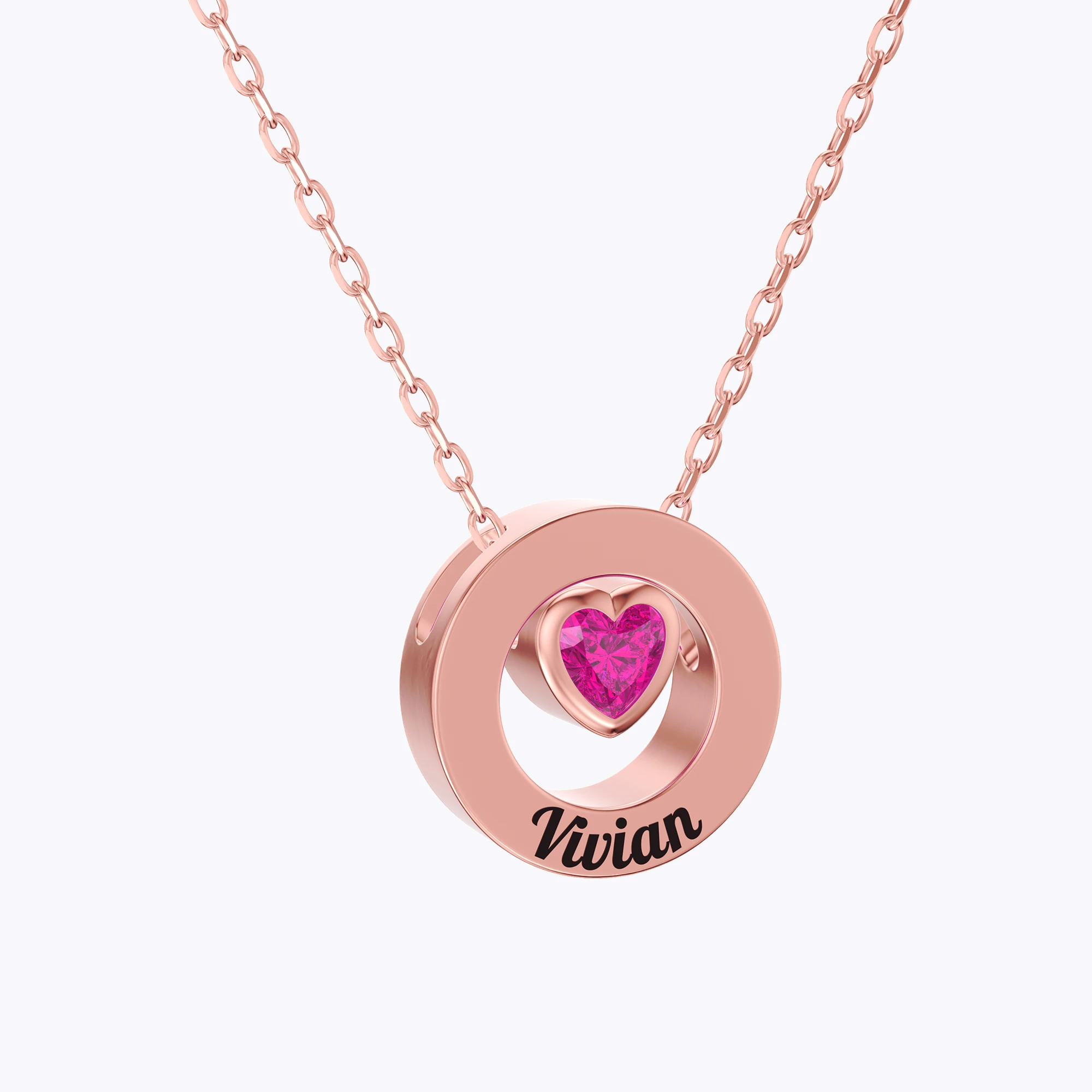 Personalized Circle Pendant Engraved Name Necklace with Heart Birthstone