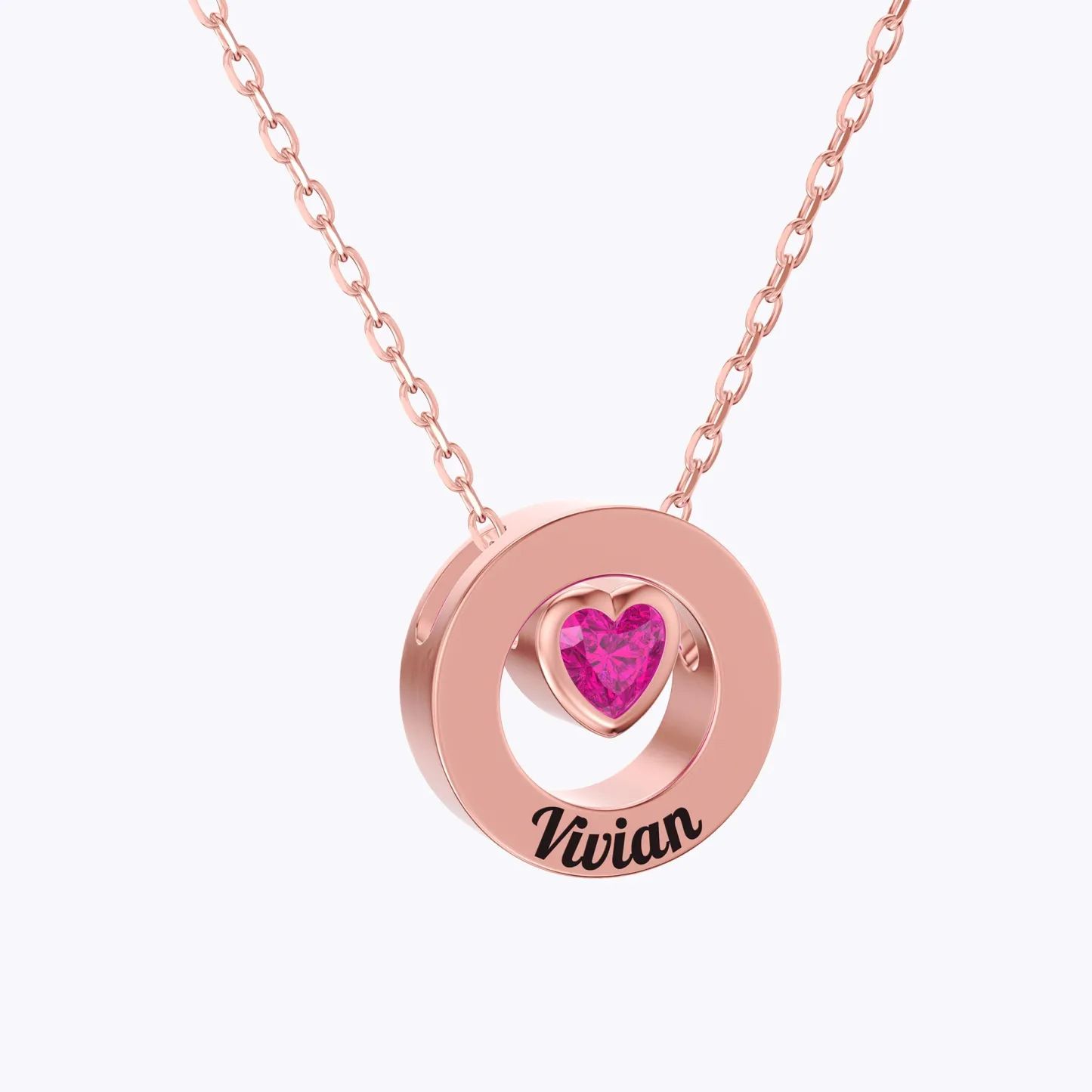 Personalized Circle Pendant Engraved Name Necklace with Heart Birthstone