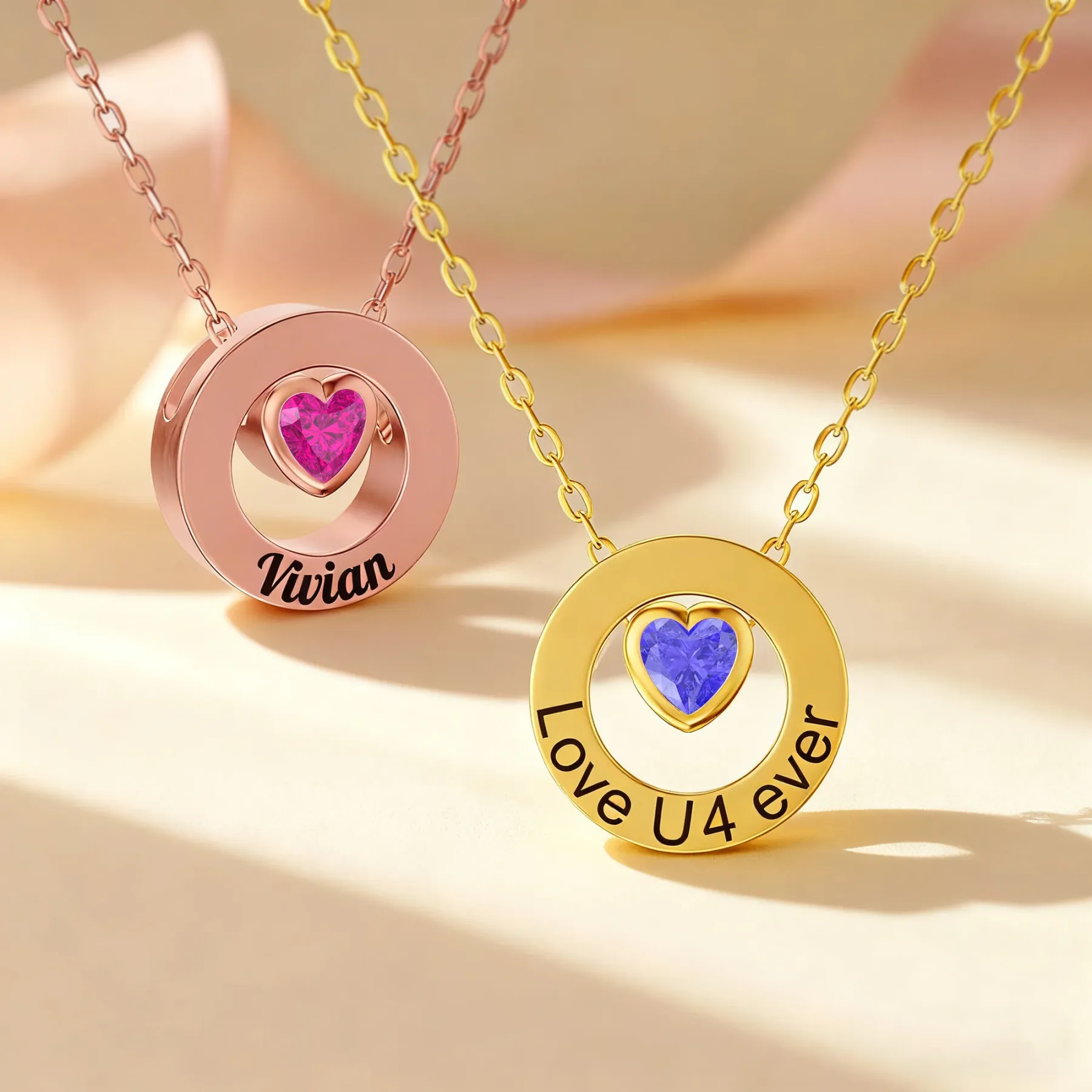 Personalized Circle Pendant Engraved Name Necklace with Heart Birthstone