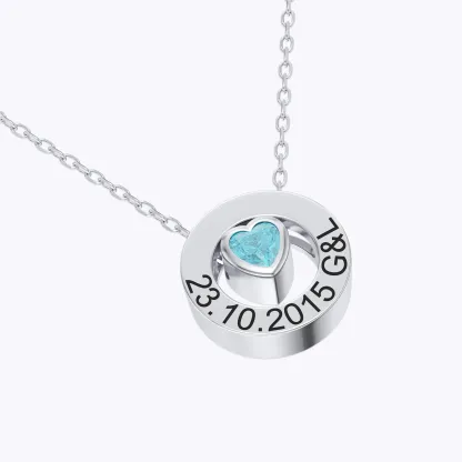 Personalized Circle Pendant Engraved Name Necklace with Heart Birthstone