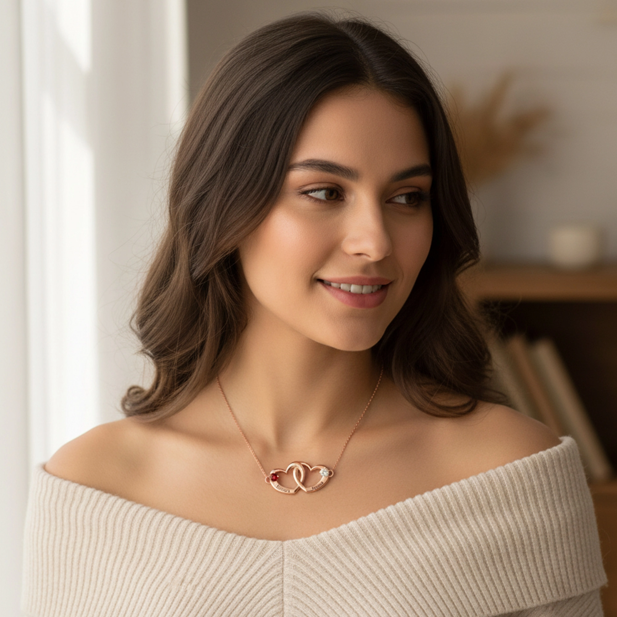 Personalized Love Heart Double Birthstones Names Necklace