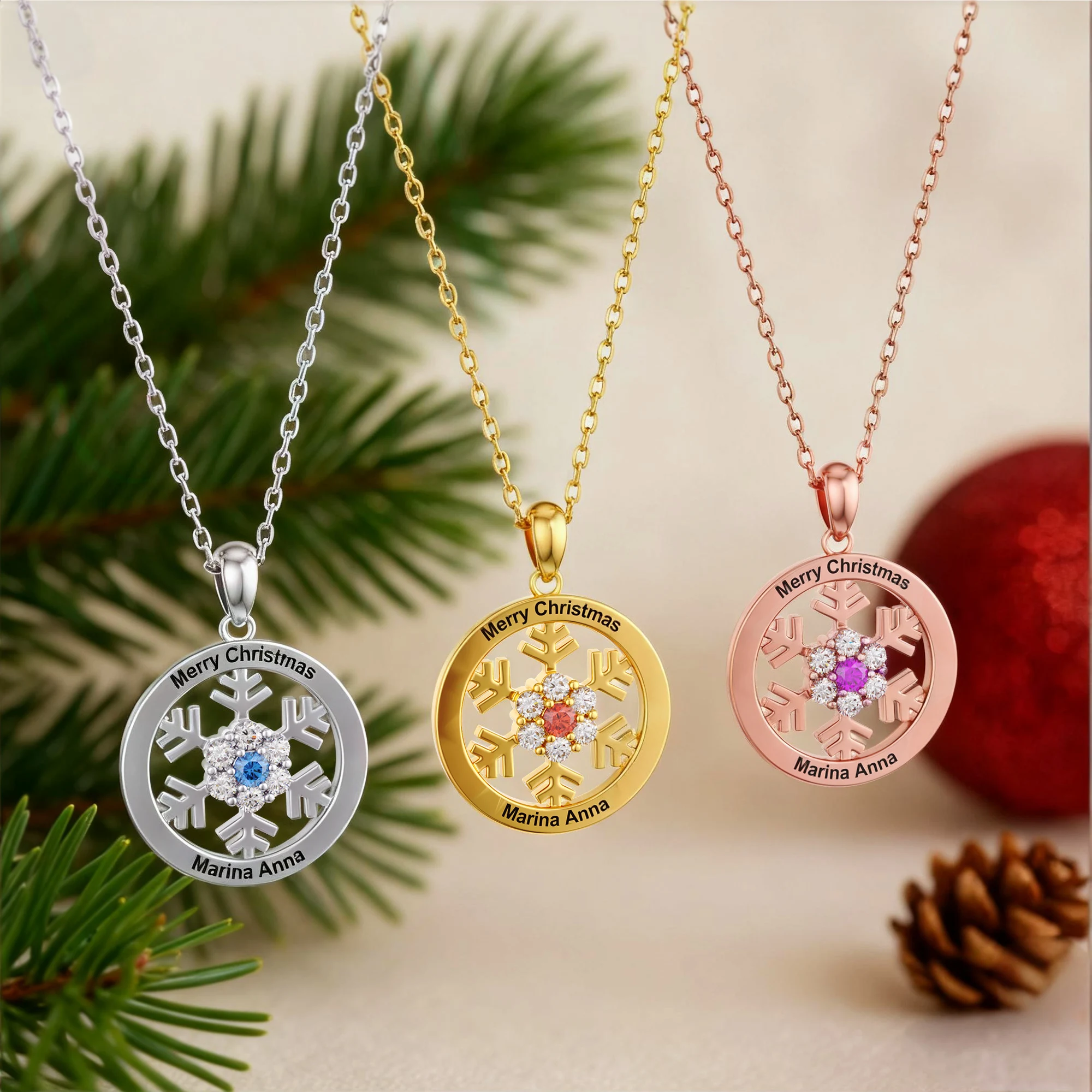 Personalized Birthstone Snowflake Christmas Necklace