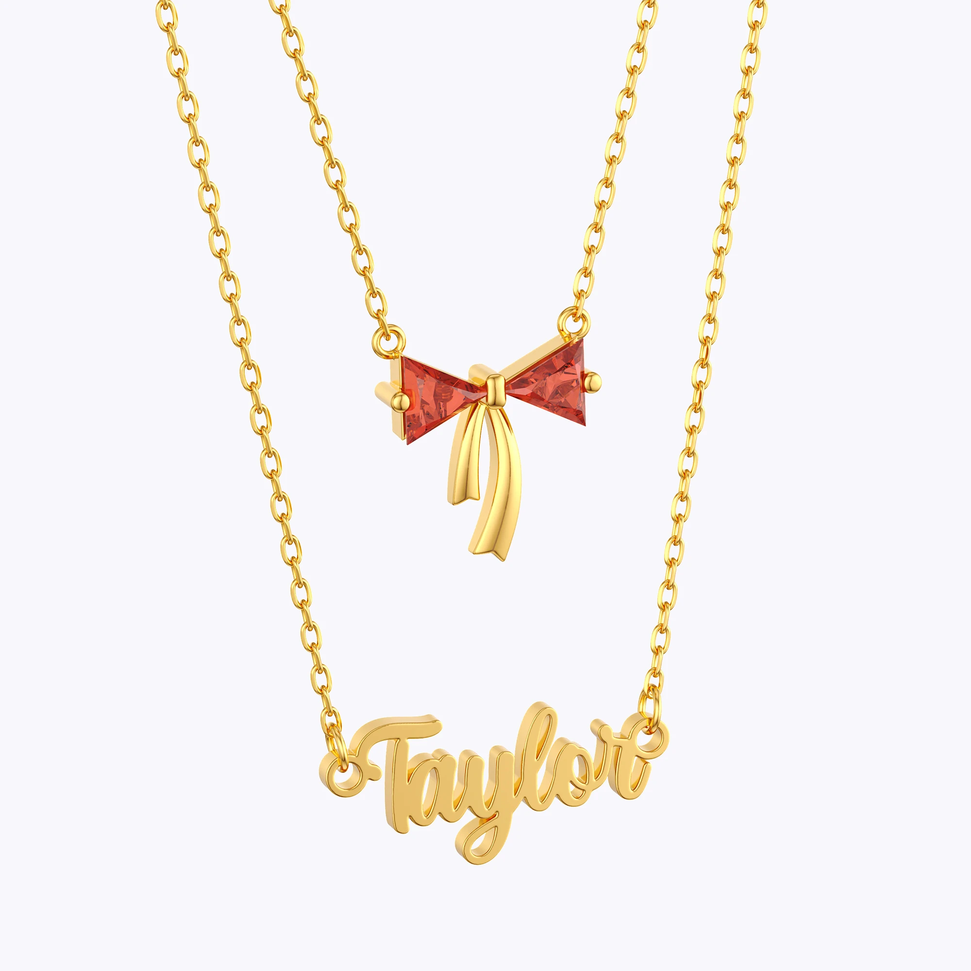 Personalized Double Layer Triangle Birthstone Bow Name Necklace