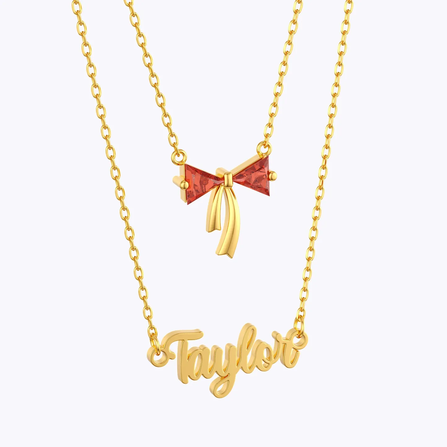 Personalized Double Layer Triangle Birthstone Bow Name Necklace