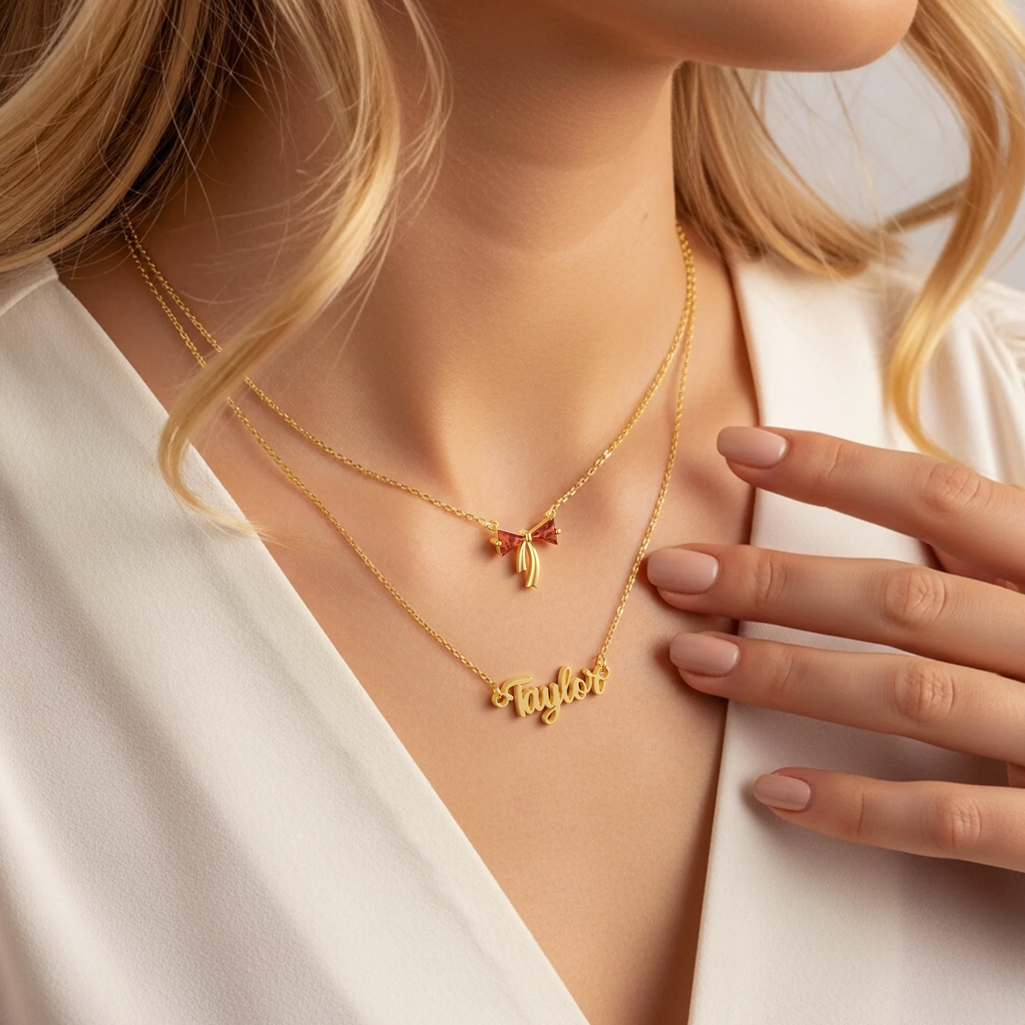 Personalized Double Layer Triangle Birthstone Bow Name Necklace