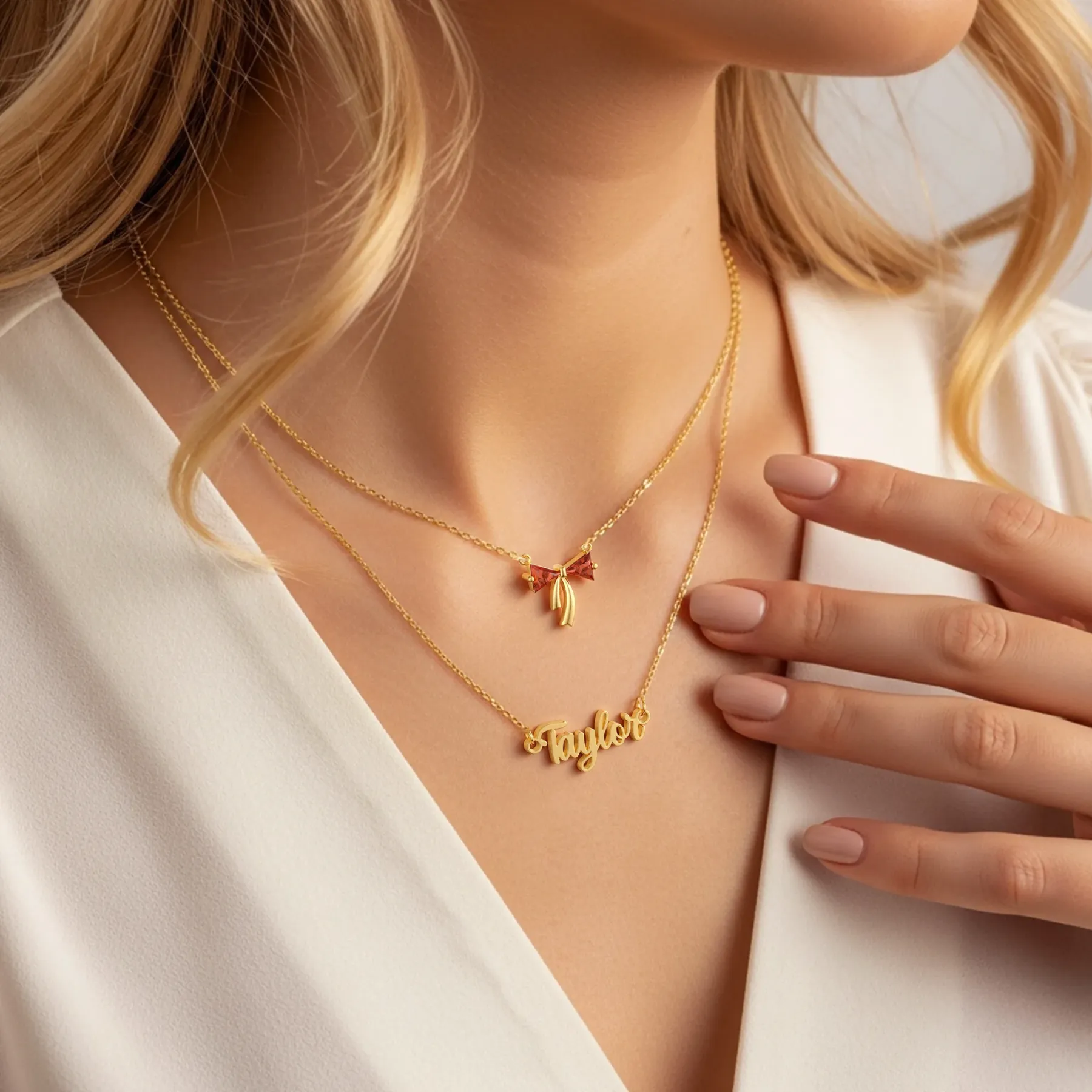 Personalized Double Layer Triangle Birthstone Bow Name Necklace