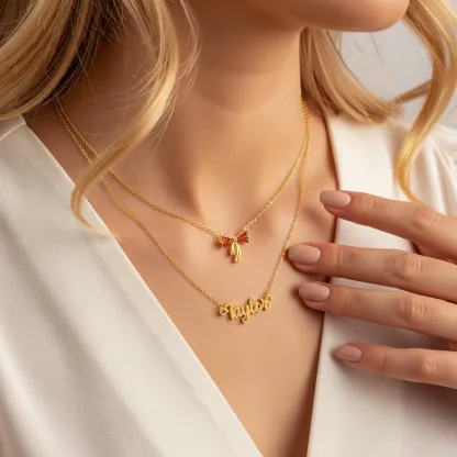 Personalized Double Layer Triangle Birthstone Bow Name Necklace