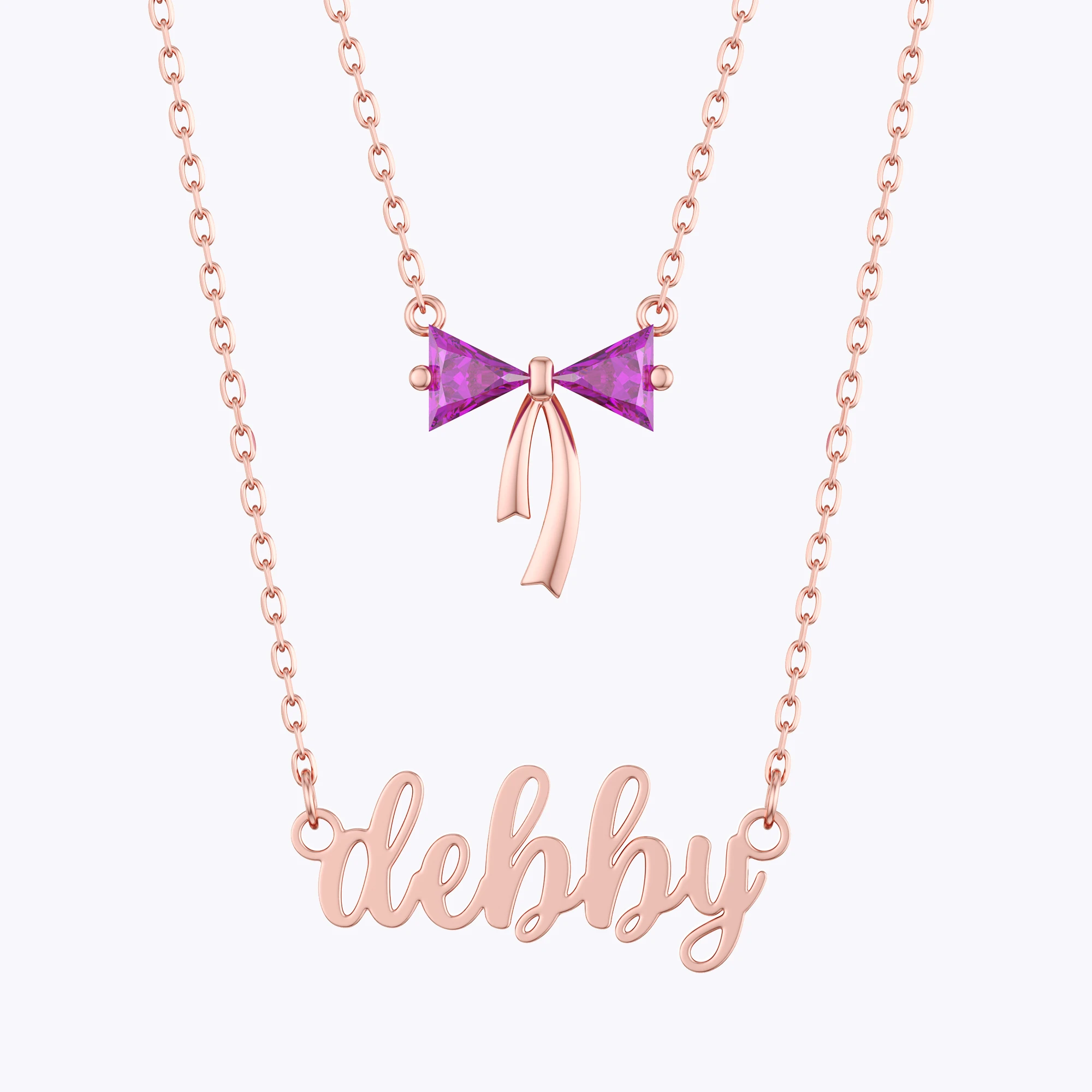 Personalized Double Layer Triangle Birthstone Bow Name Necklace