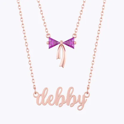Personalized Double Layer Triangle Birthstone Bow Name Necklace