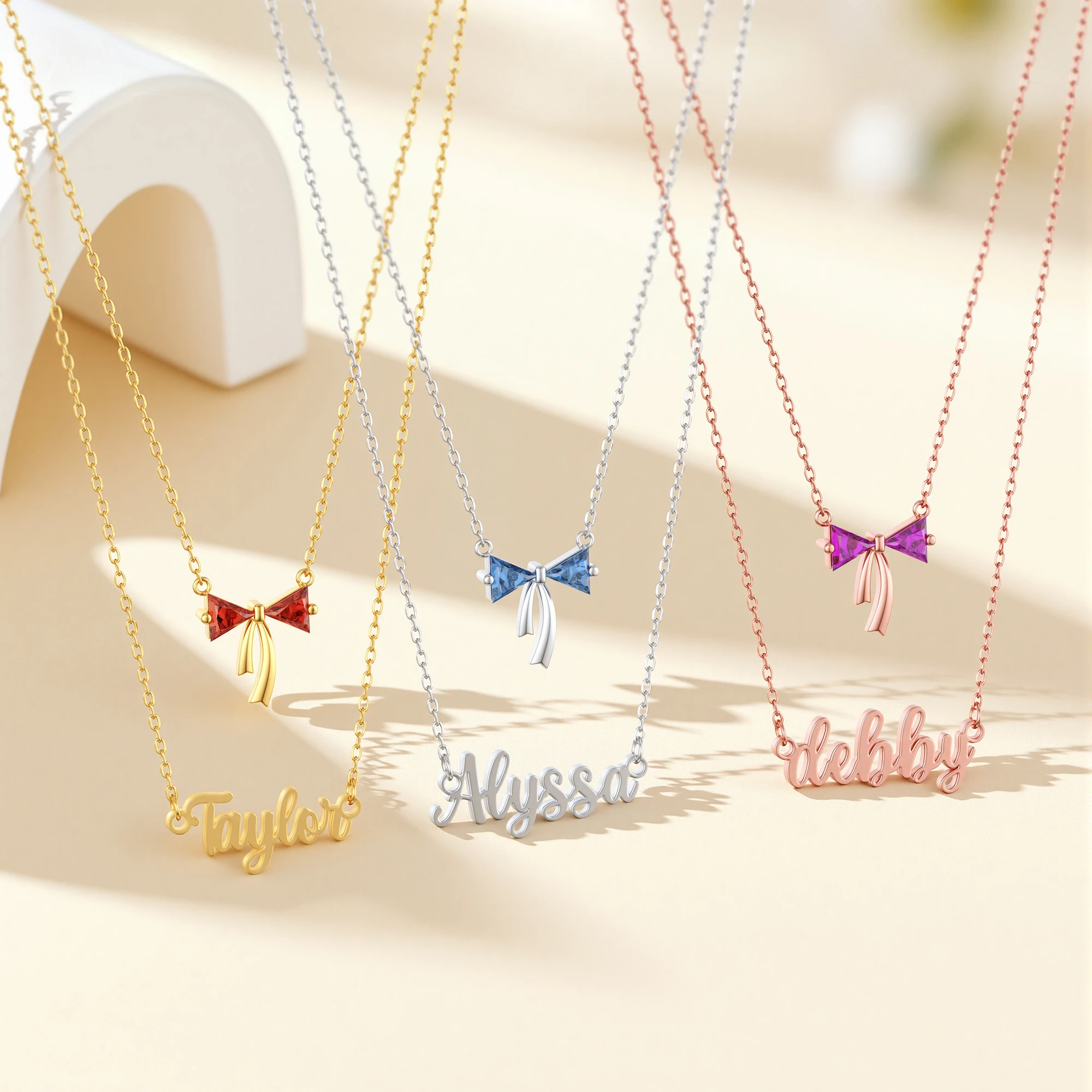 Personalized Double Layer Triangle Birthstone Bow Name Necklace