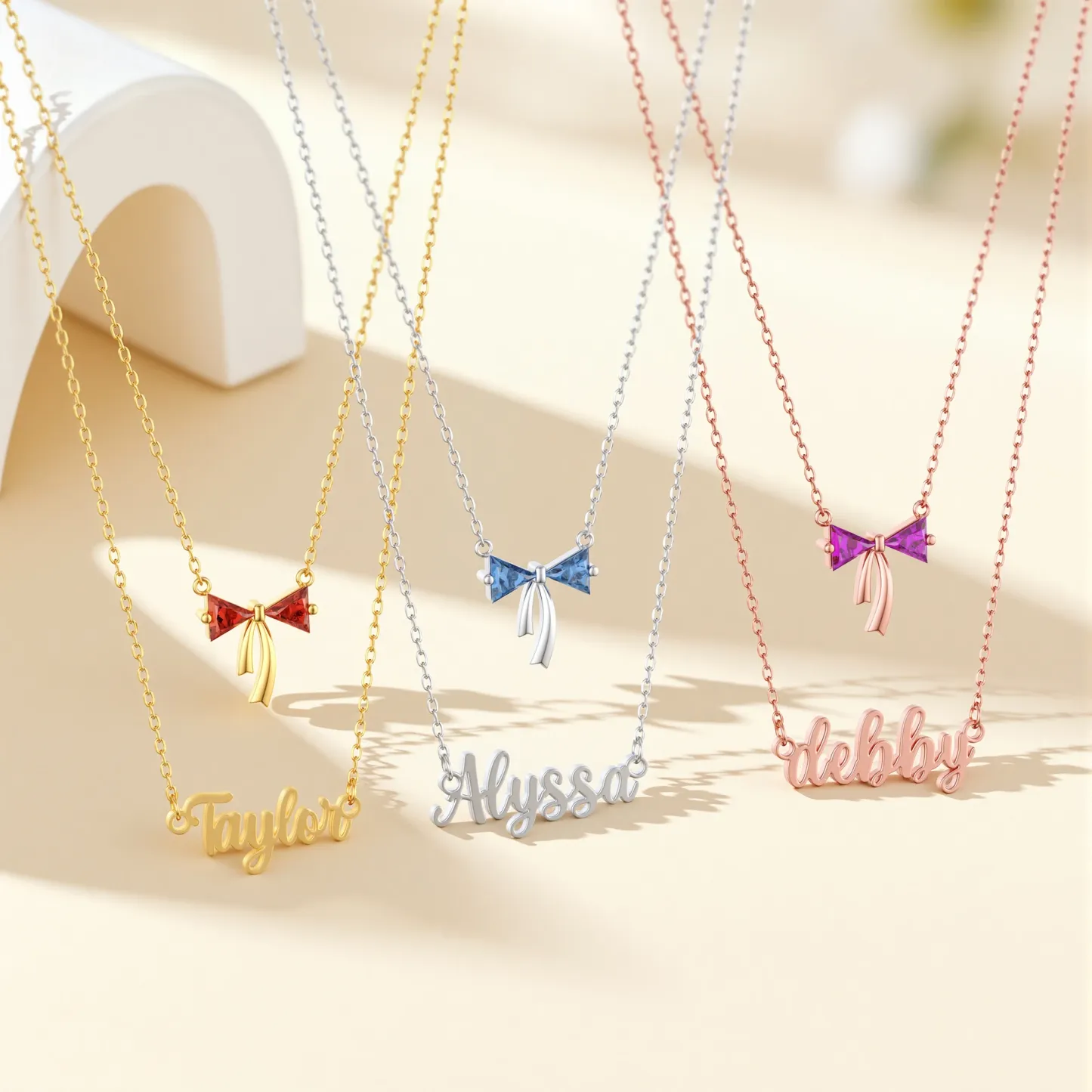 Personalized Double Layer Triangle Birthstone Bow Name Necklace