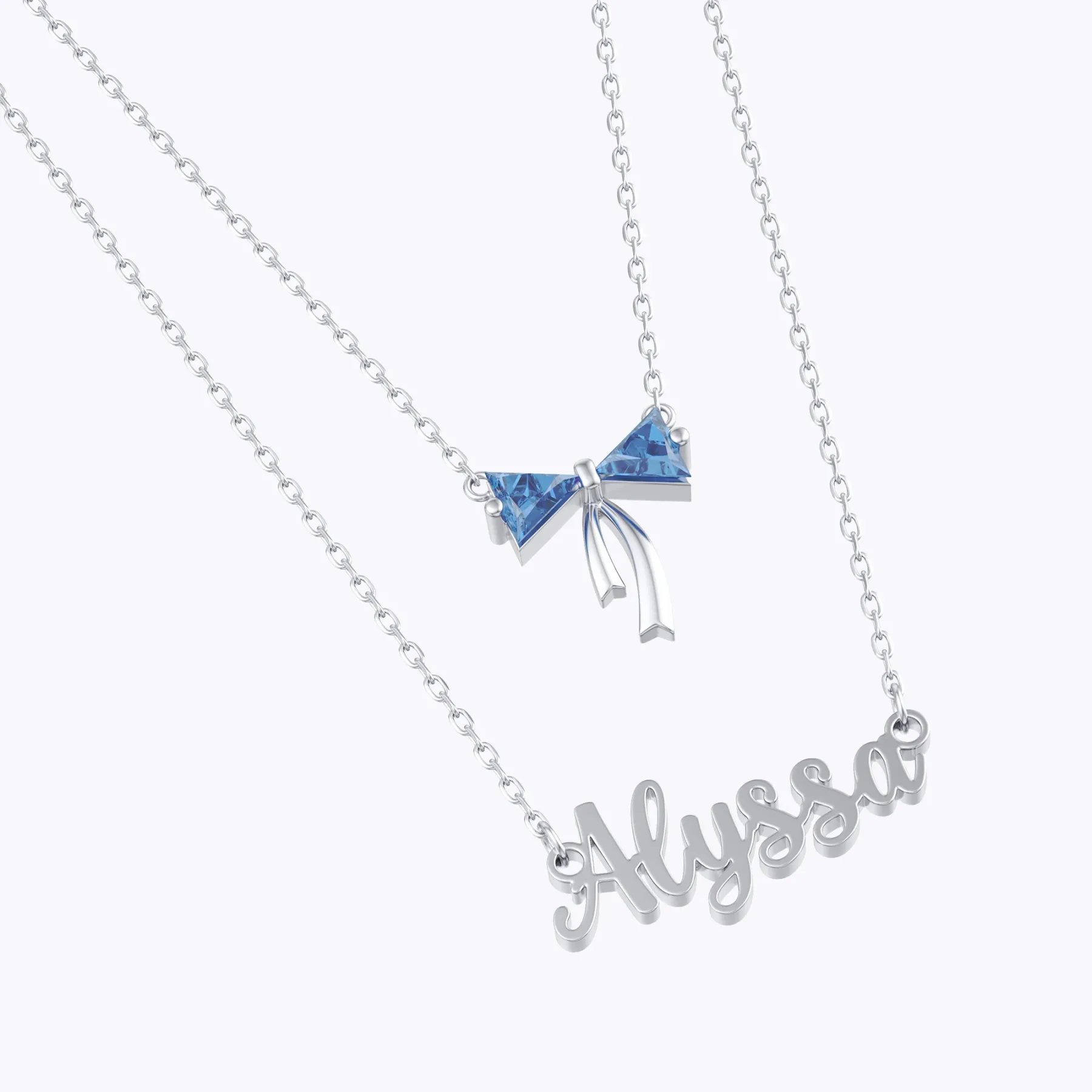 Personalized Double Layer Triangle Birthstone Bow Name Necklace