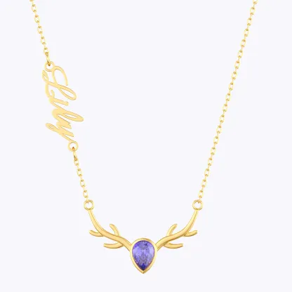 Personalized Deer Antler with Pear Birthstone Name Christmas Necklace
