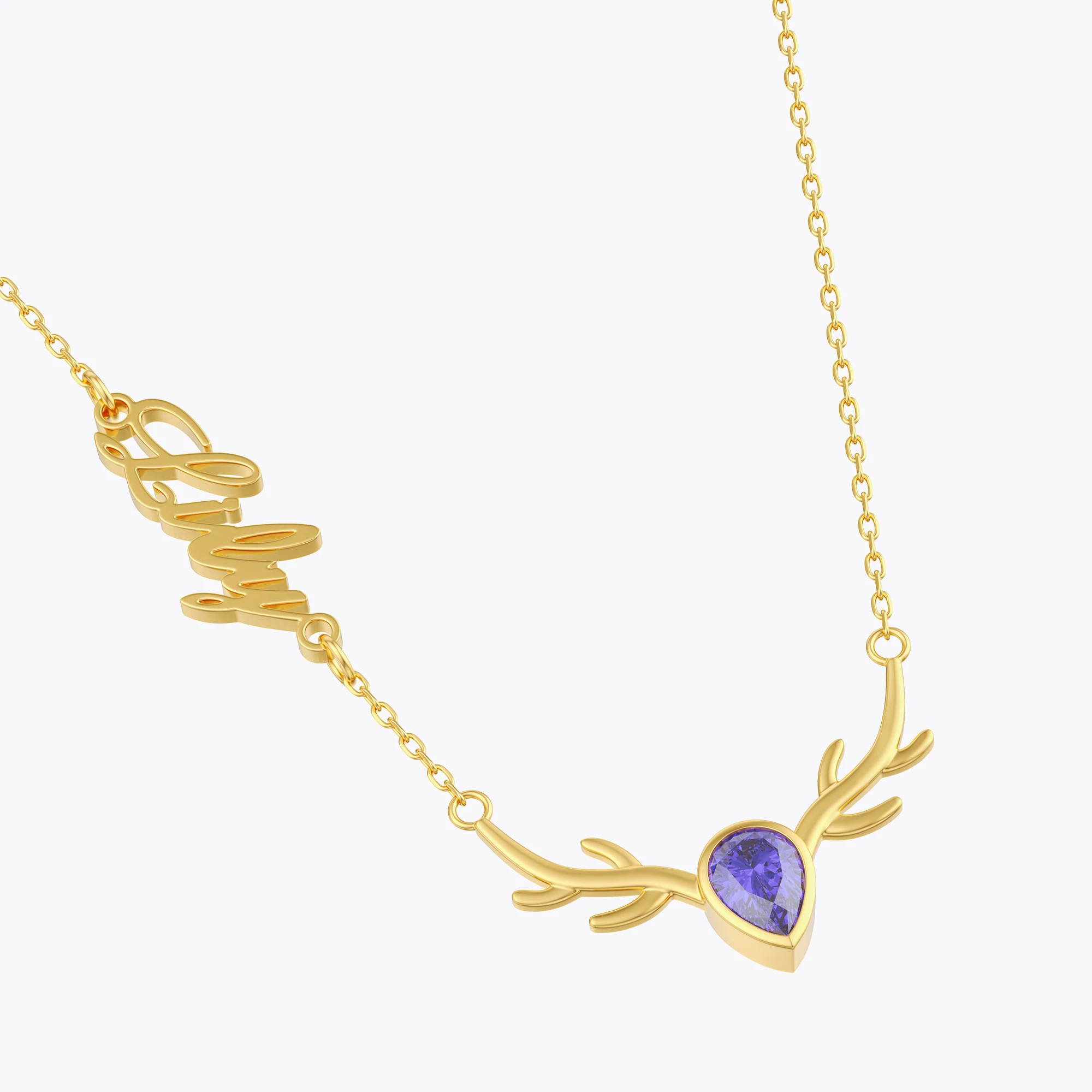 Personalized Deer Antler with Pear Birthstone Name Christmas Necklace