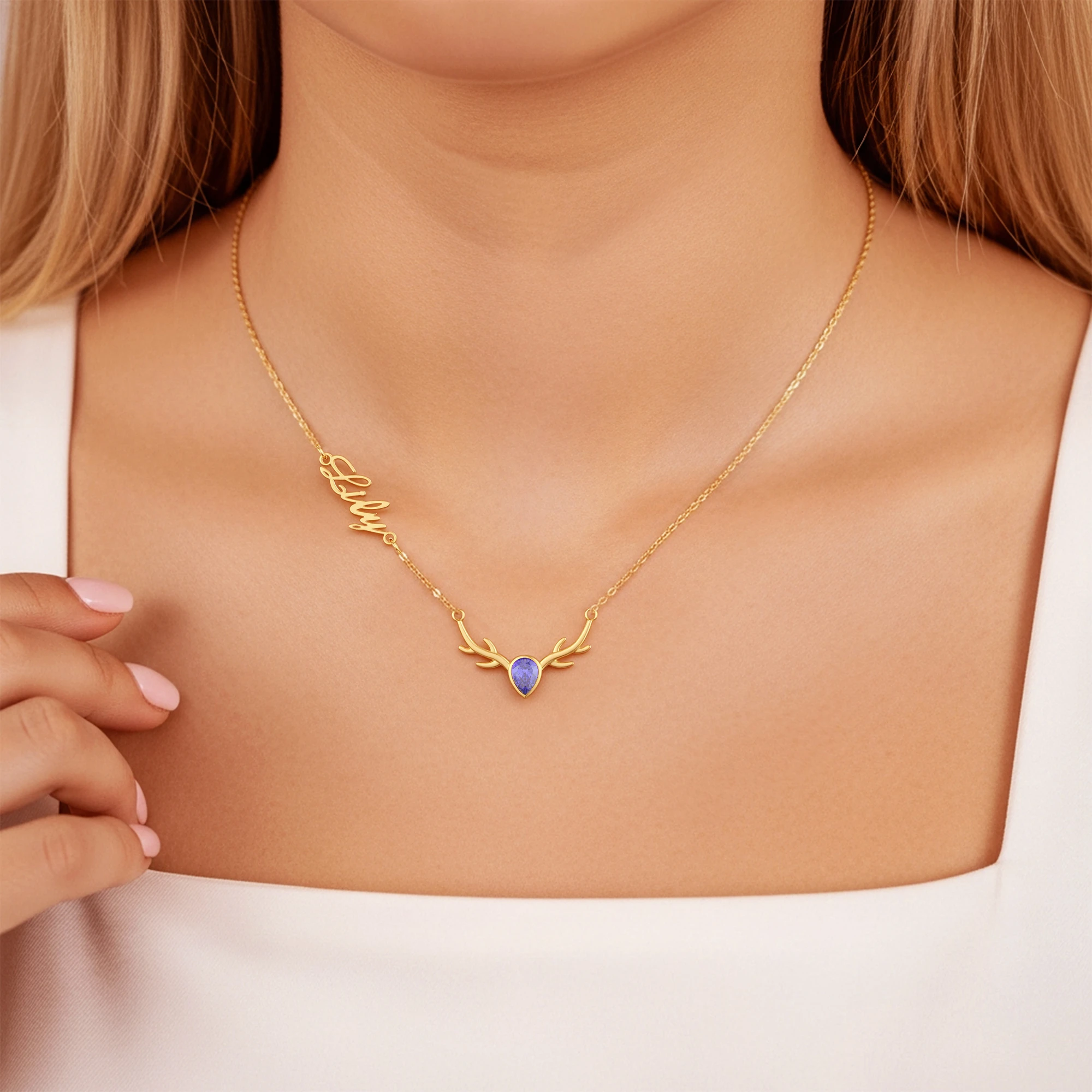 Personalized Deer Antler with Pear Birthstone Name Christmas Necklace