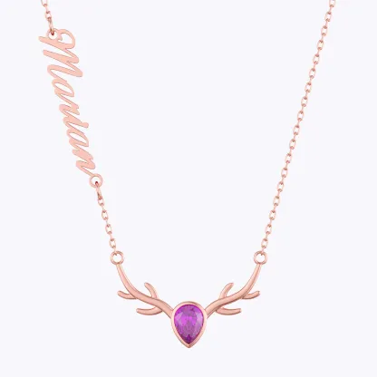 Personalized Deer Antler with Pear Birthstone Name Christmas Necklace