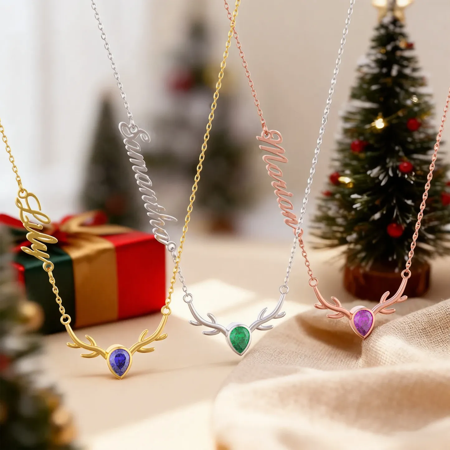 Personalized Deer Antler with Pear Birthstone Name Christmas Necklace