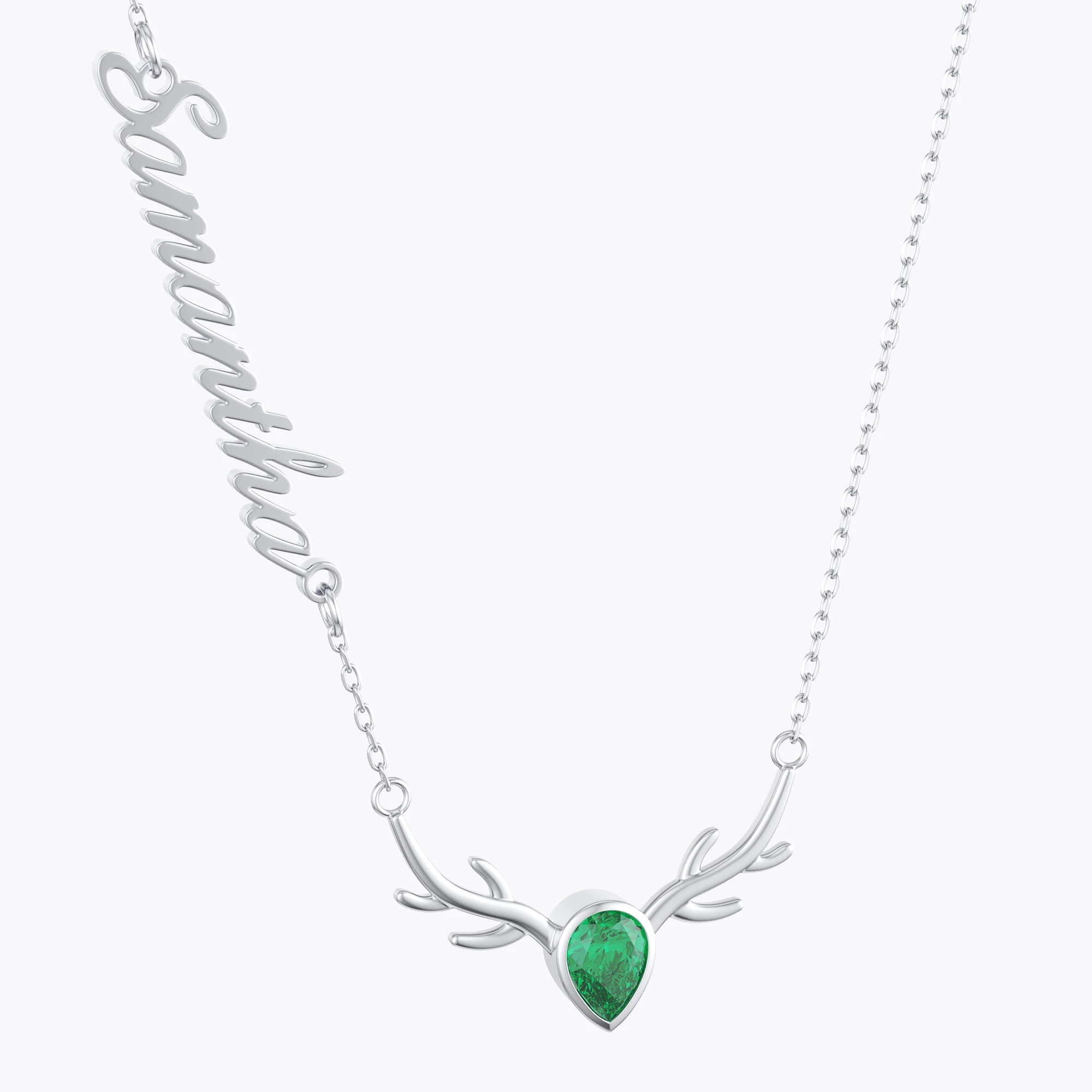 Personalized Deer Antler with Pear Birthstone Name Christmas Necklace