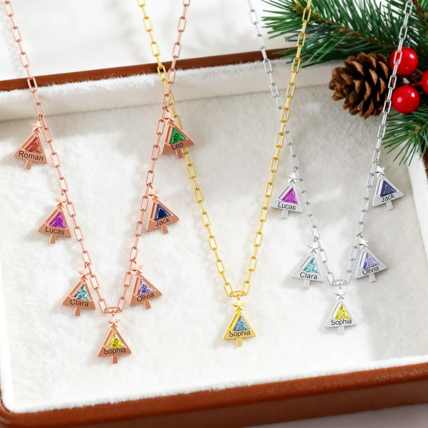 Custom 1-8 Christmas Trees with Triangle Birthstone Necklace