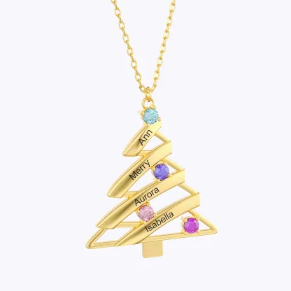 Custom 1-4 Name Round Birthstone Christmas Tree Necklace