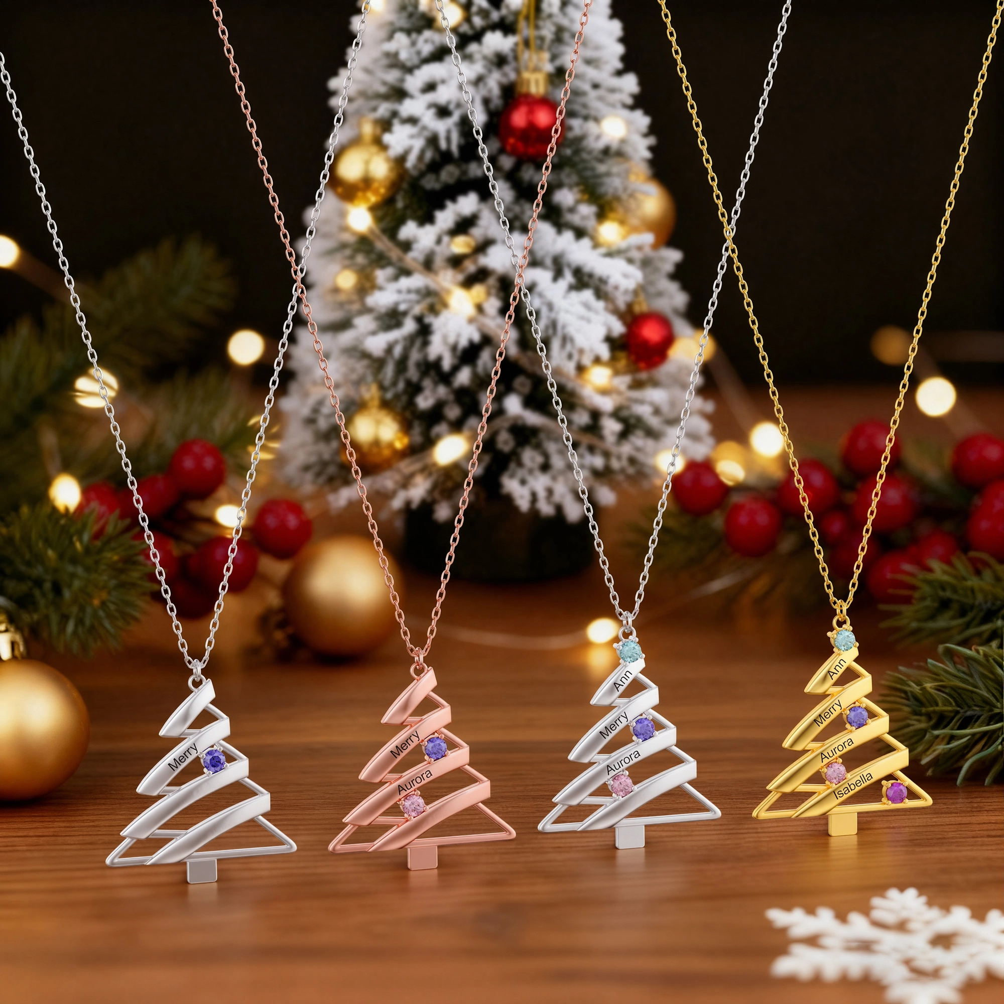 Custom 1-4 Name Round Birthstone Christmas Tree Necklace