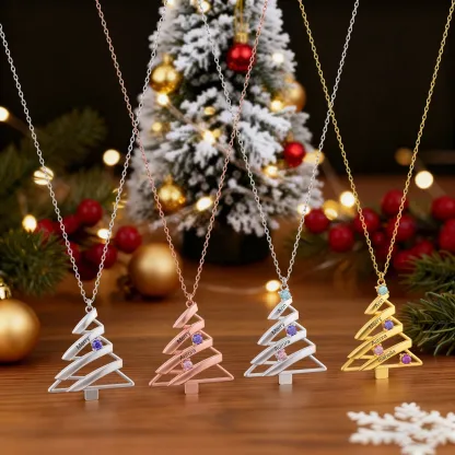 Custom 1-4 Name Round Birthstone Christmas Tree Necklace