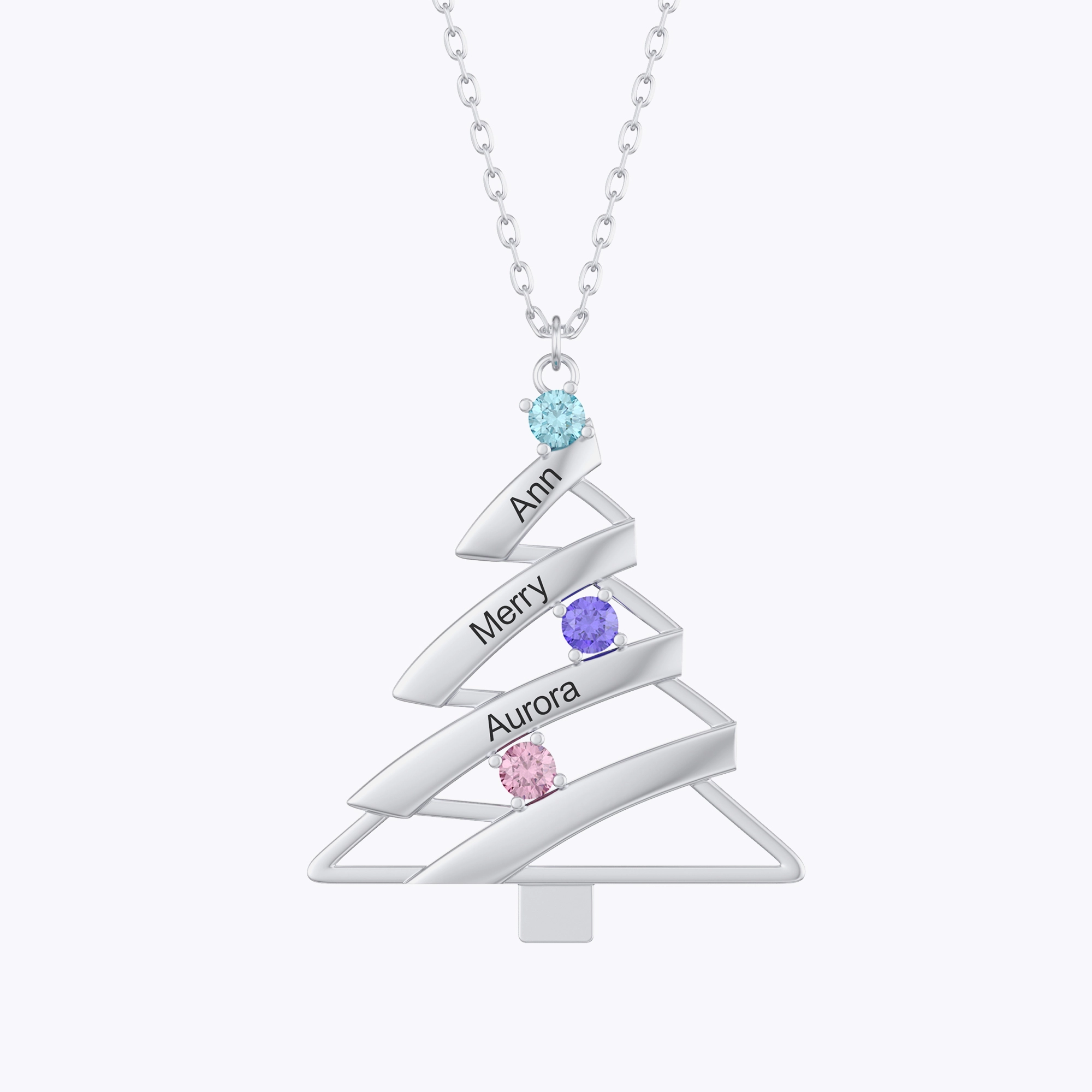 Custom 1-4 Name Round Birthstone Christmas Tree Necklace