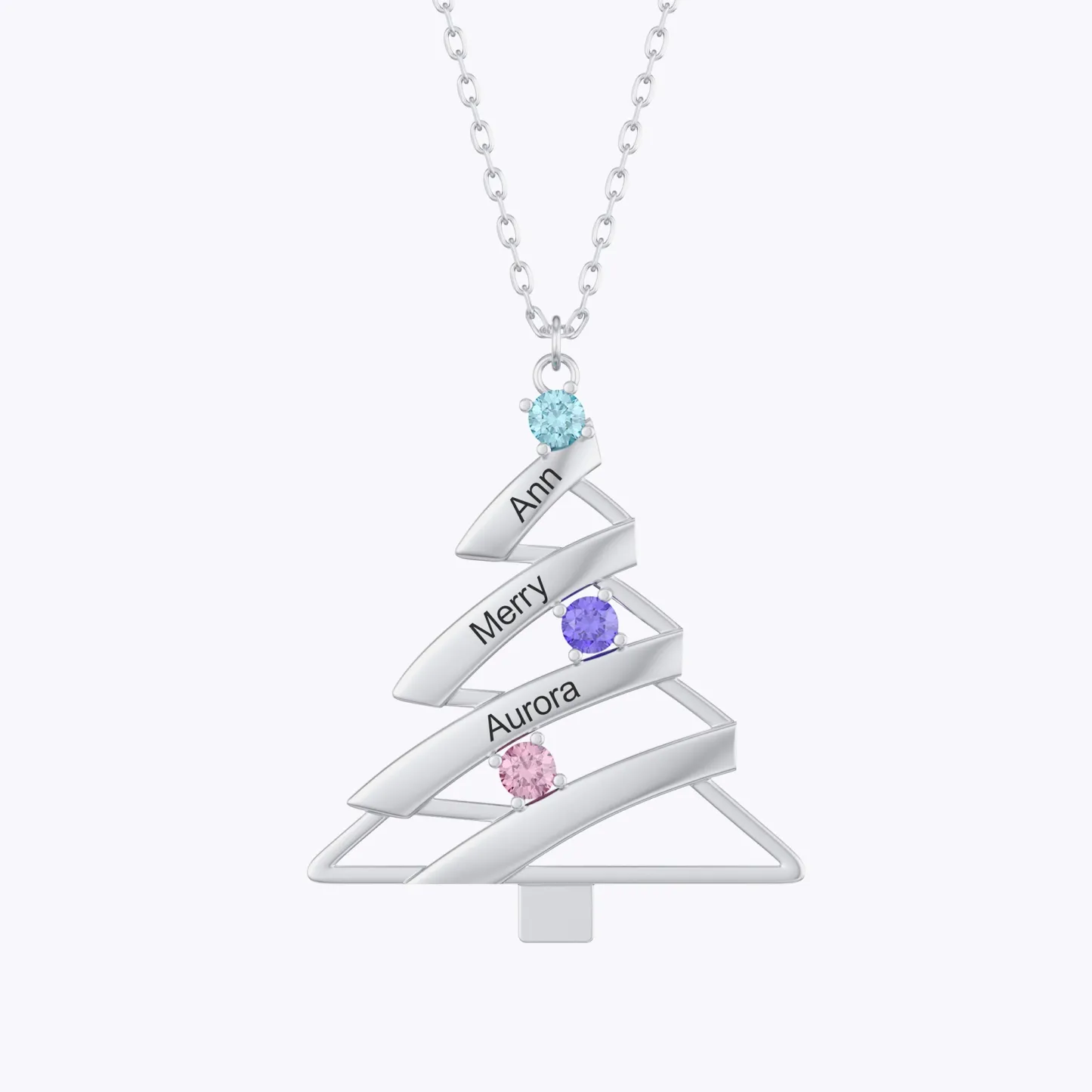 Custom 1-4 Name Round Birthstone Christmas Tree Necklace