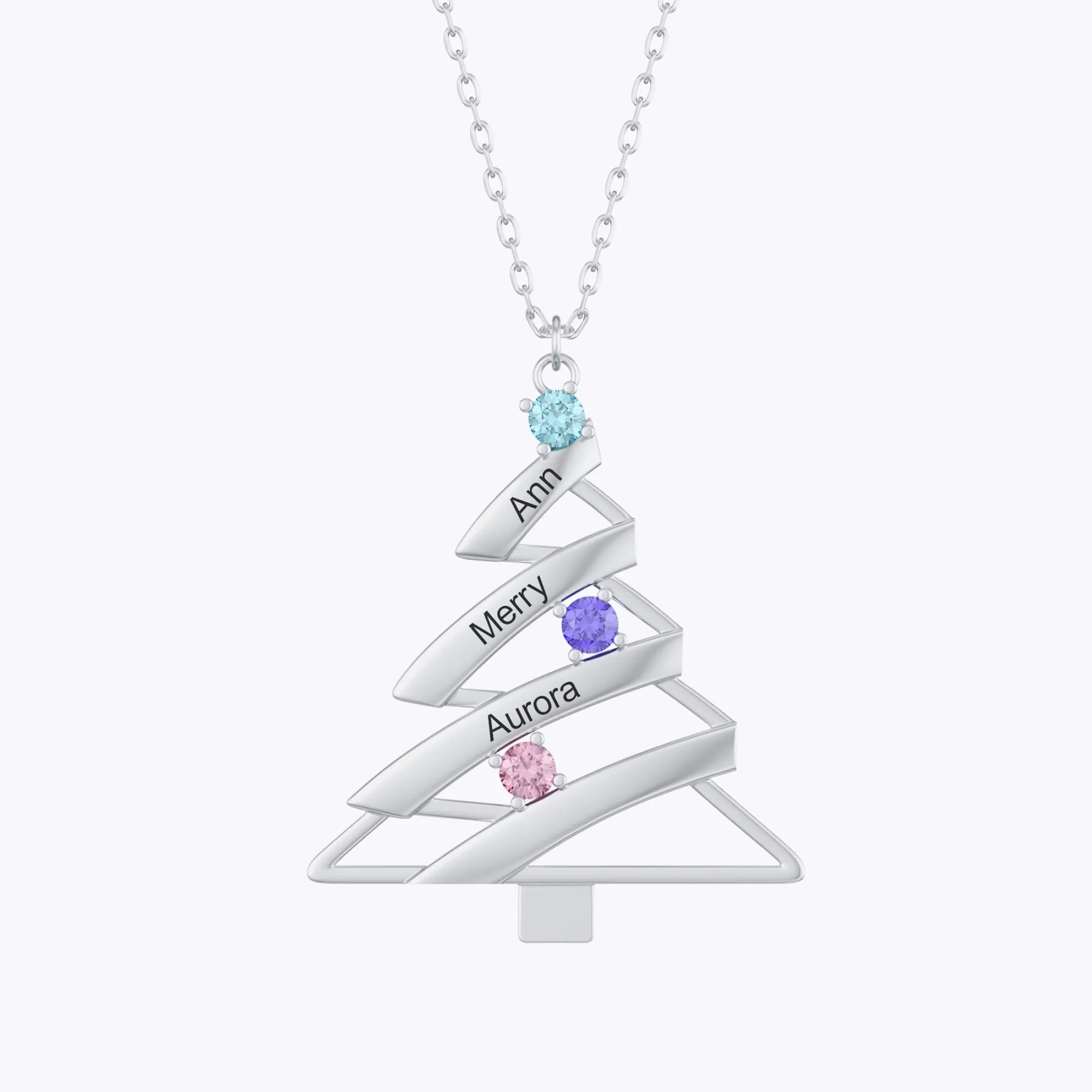 Custom 1-4 Name Round Birthstone Christmas Tree Necklace