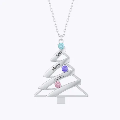Custom 1-4 Name Round Birthstone Christmas Tree Necklace