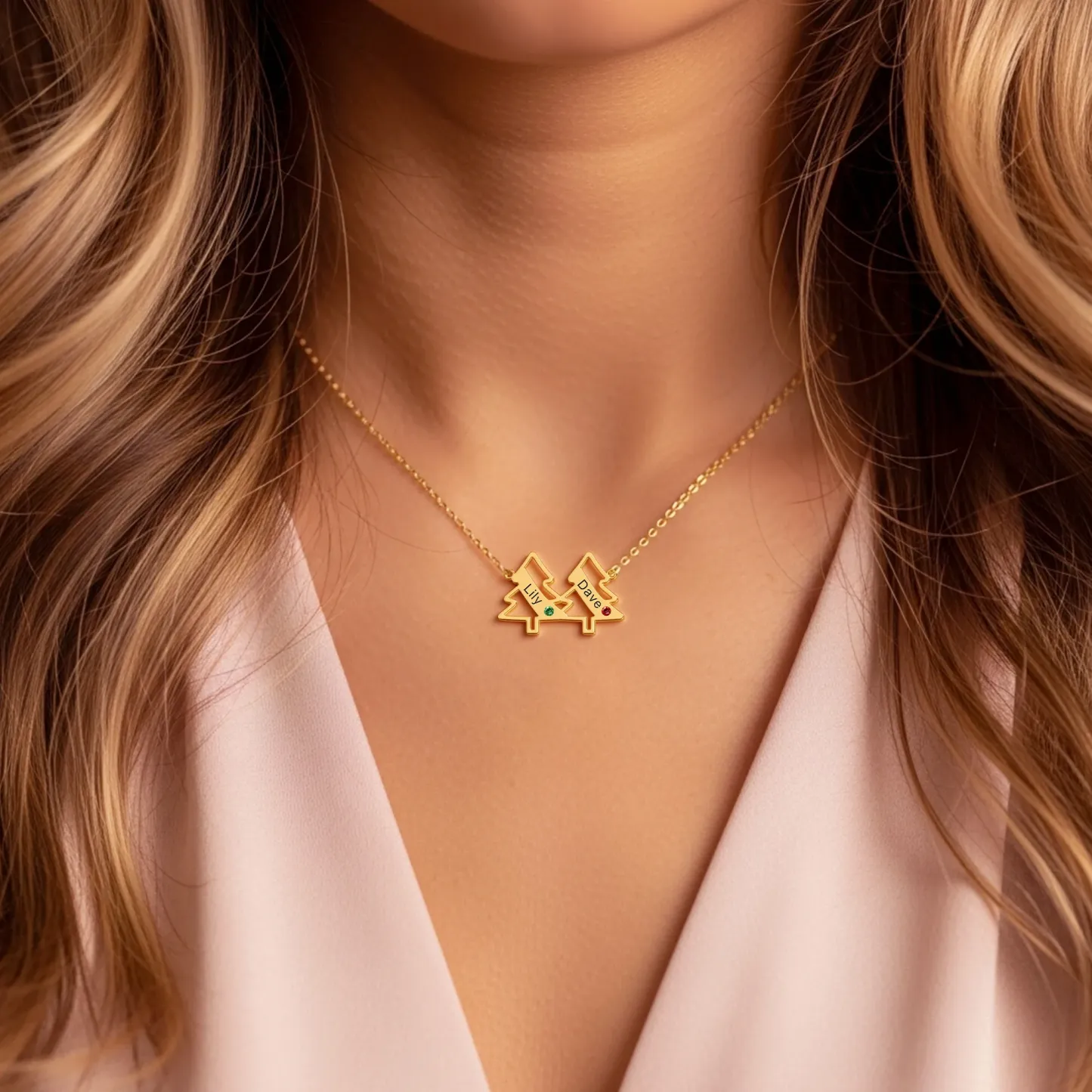 Personalized 1-5 Christmas Trees Name Birthstone Necklace