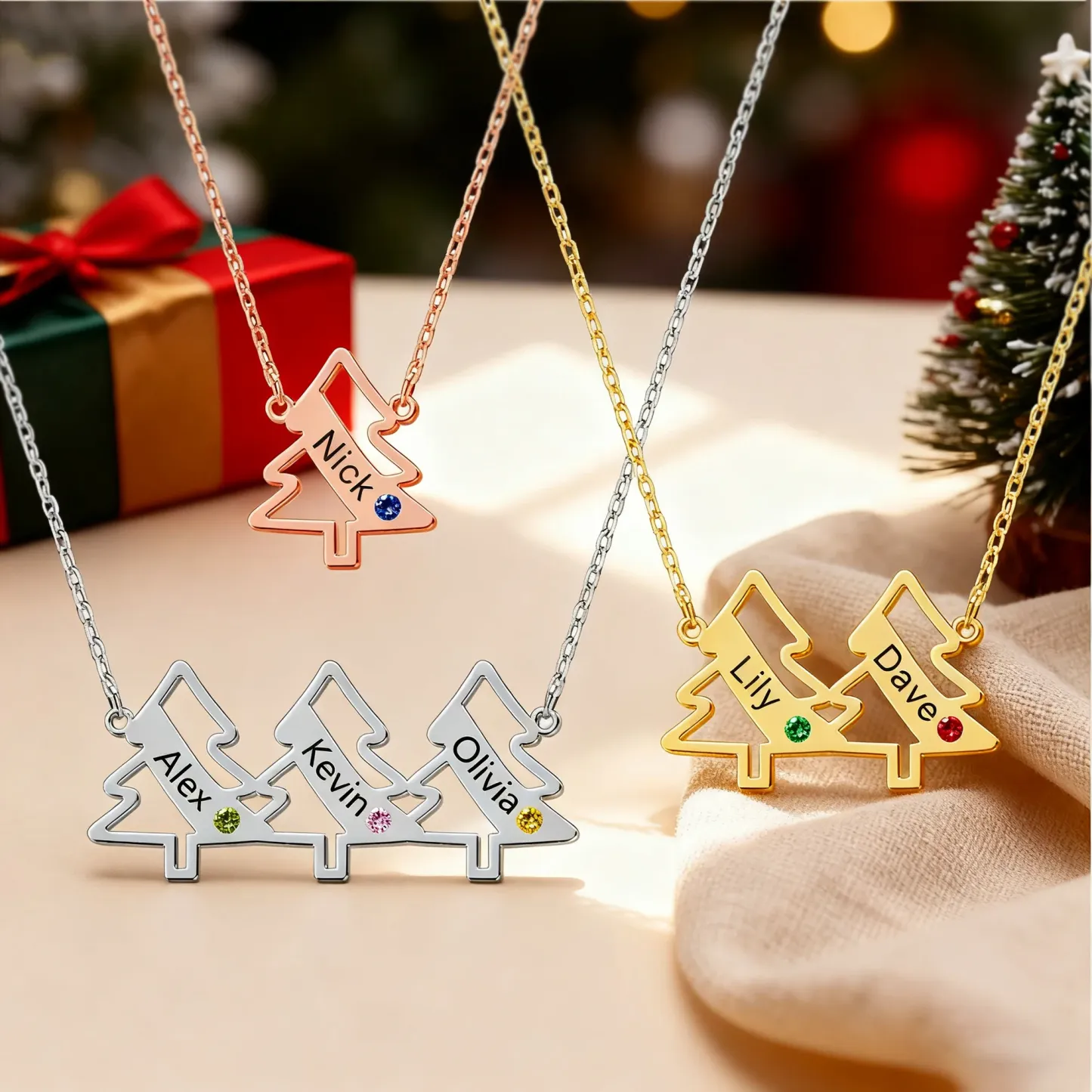 Personalized 1-5 Christmas Trees Name Birthstone Necklace
