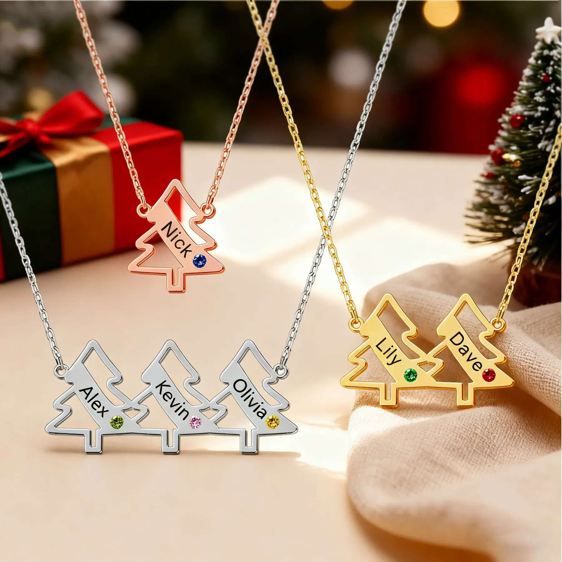 Personalized 1-5 Christmas Trees Name Birthstone Necklace