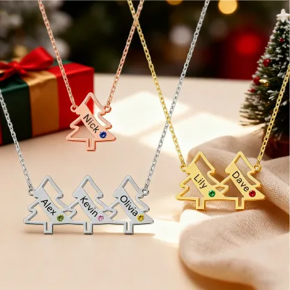 Personalized 1-5 Christmas Trees Name Birthstone Necklace