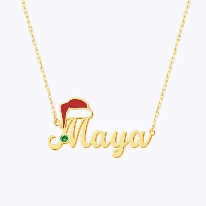 Personalized Name Santa Hat with Round Birthstone Christmas Necklace