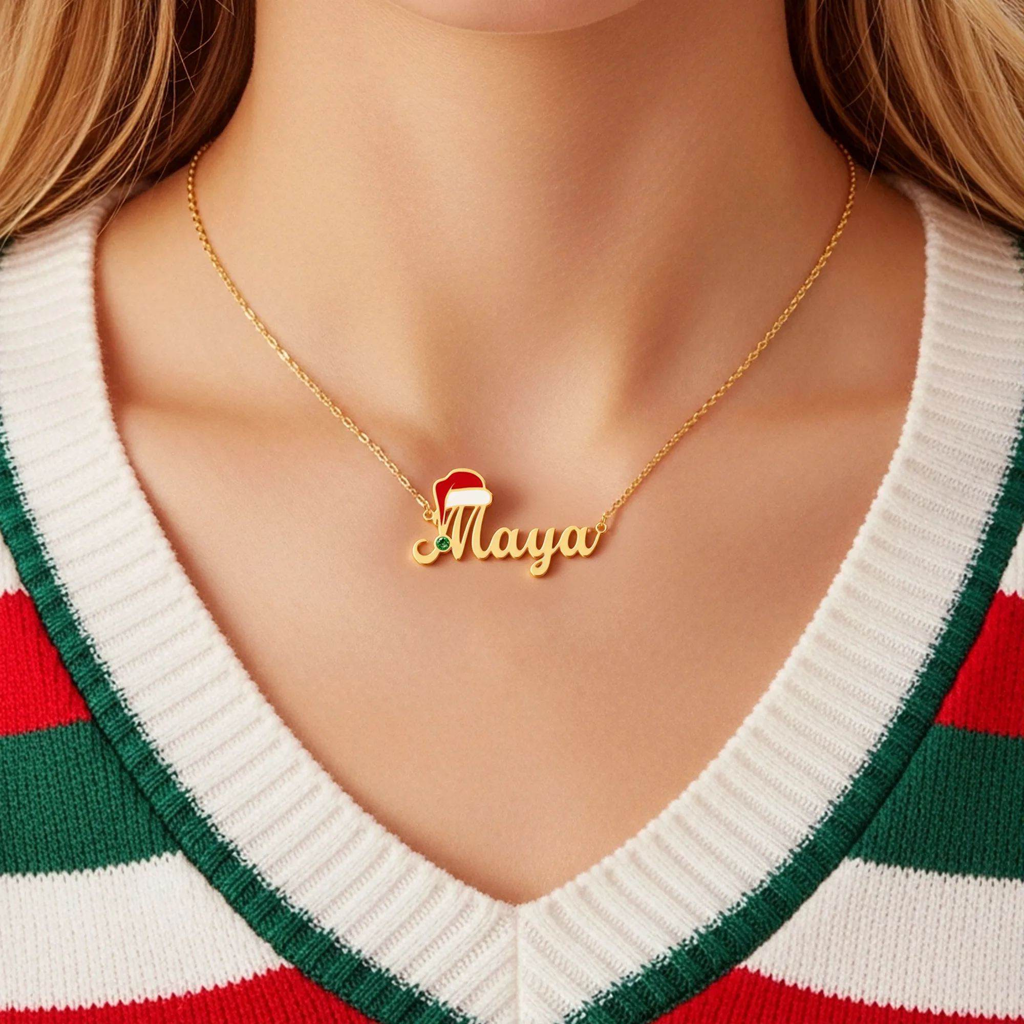 Personalized Name Santa Hat with Round Birthstone Christmas Necklace